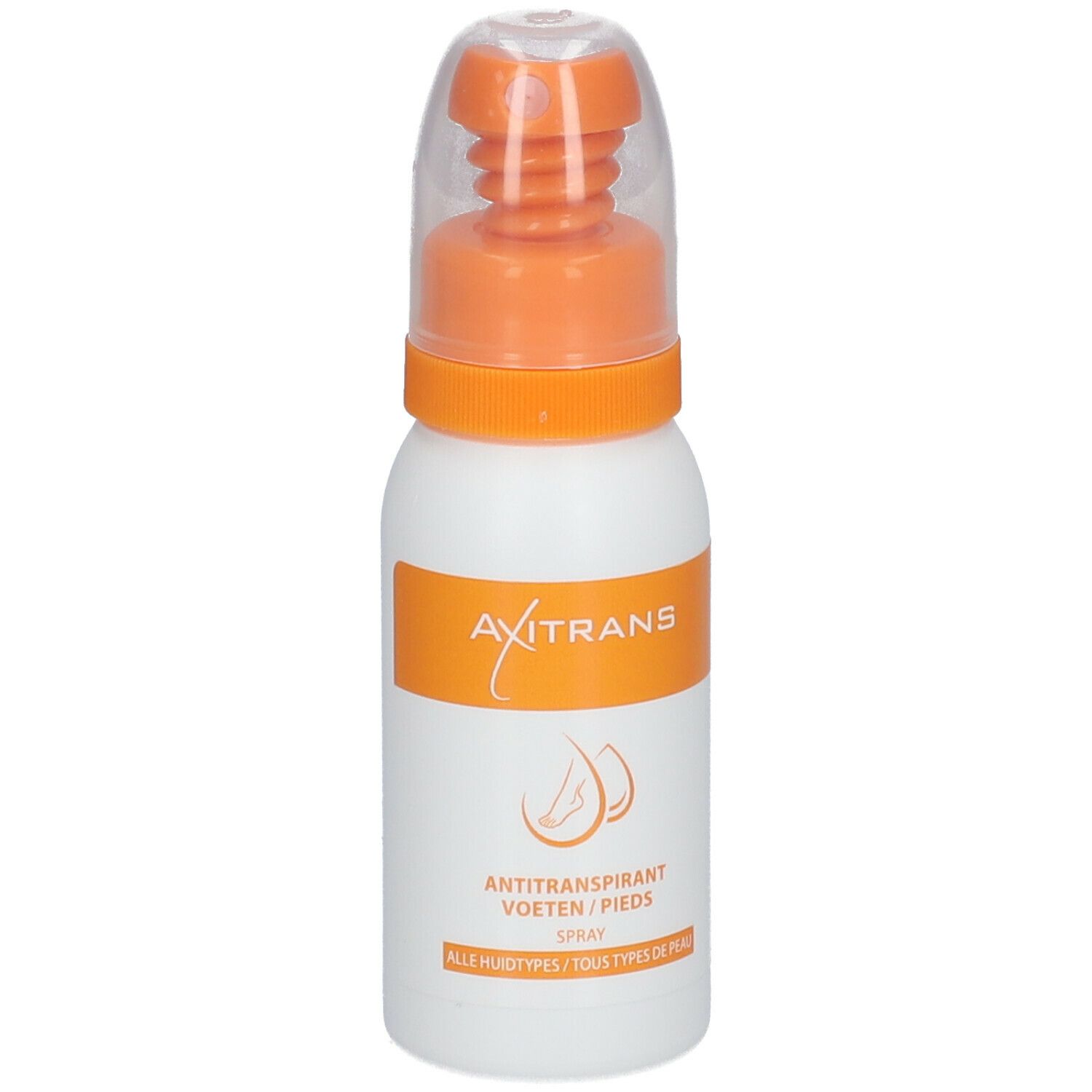 Flacon spray blanc avec bouchon orange. Inscription : Axitrans, Antitranspirant, pieds.