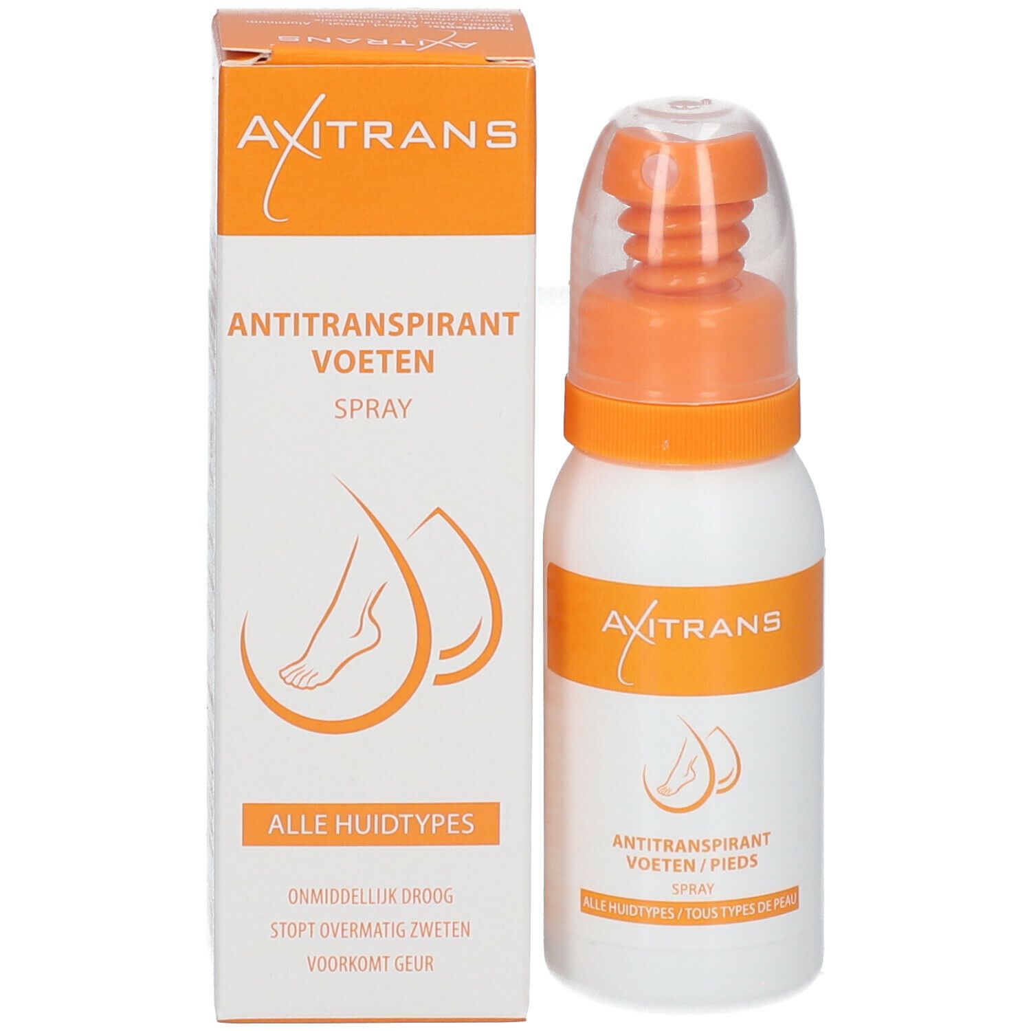 Produit et emballage. Boîte blanche et flacon spray. Inscription : Axitrans, Antitranspirant, pieds.