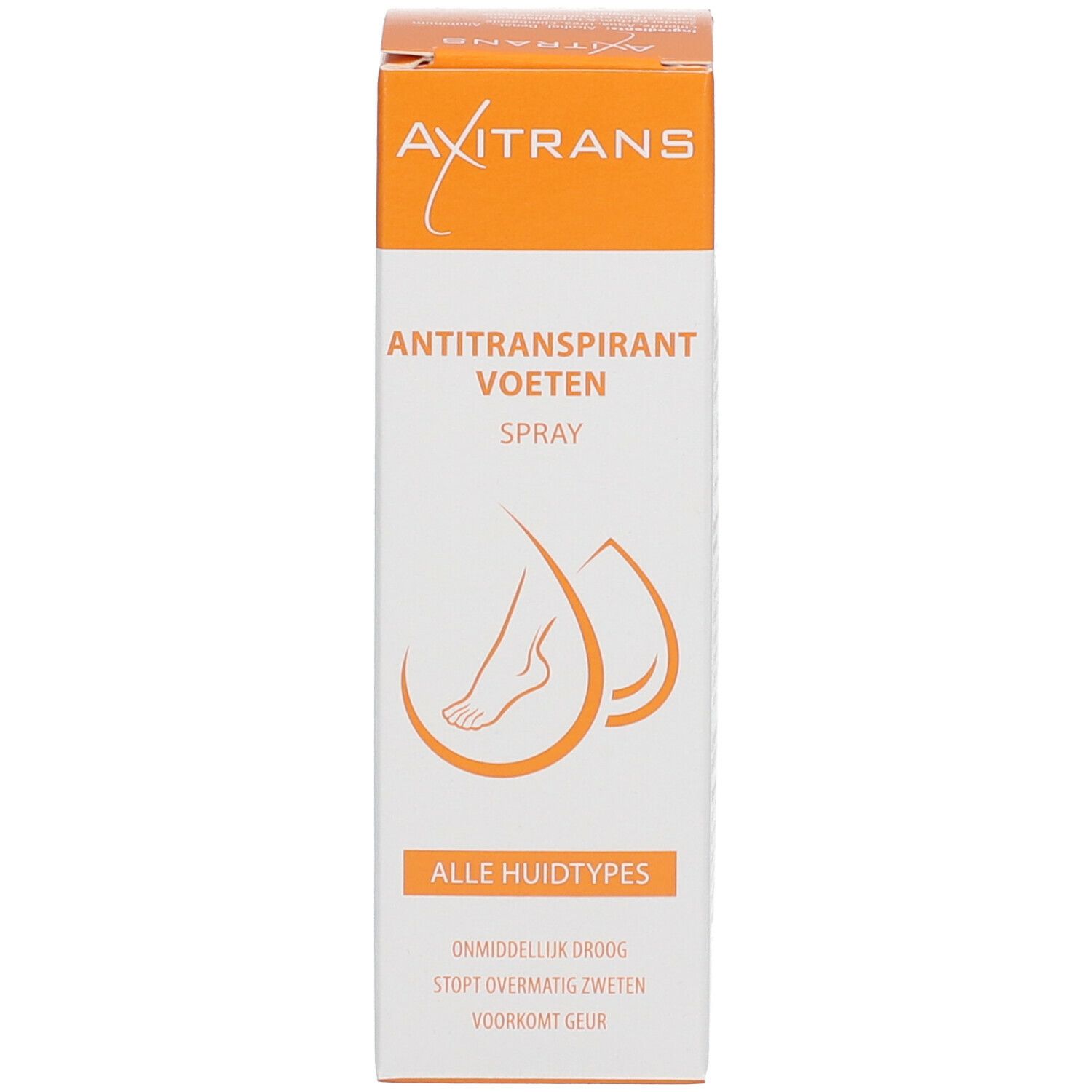 Boîte blanche avec impression orange. Inscription : Axitrans, Antitranspirant, pieds.