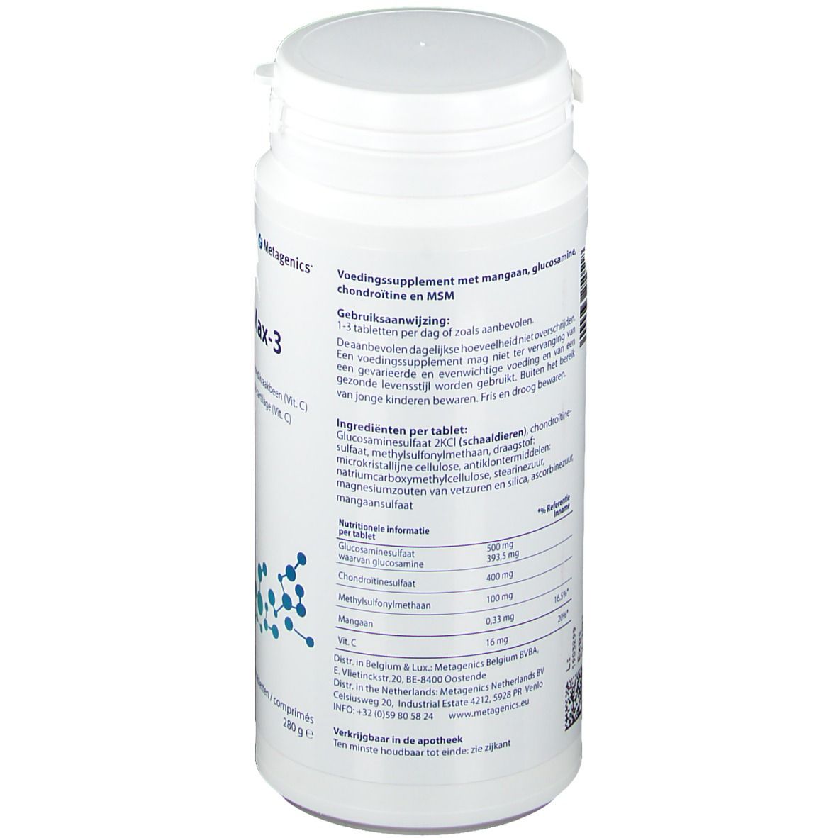 Flacon blanc Arthromax-3. Informations nutritionnelles et ingrédients au dos. Logo Metagenics.
