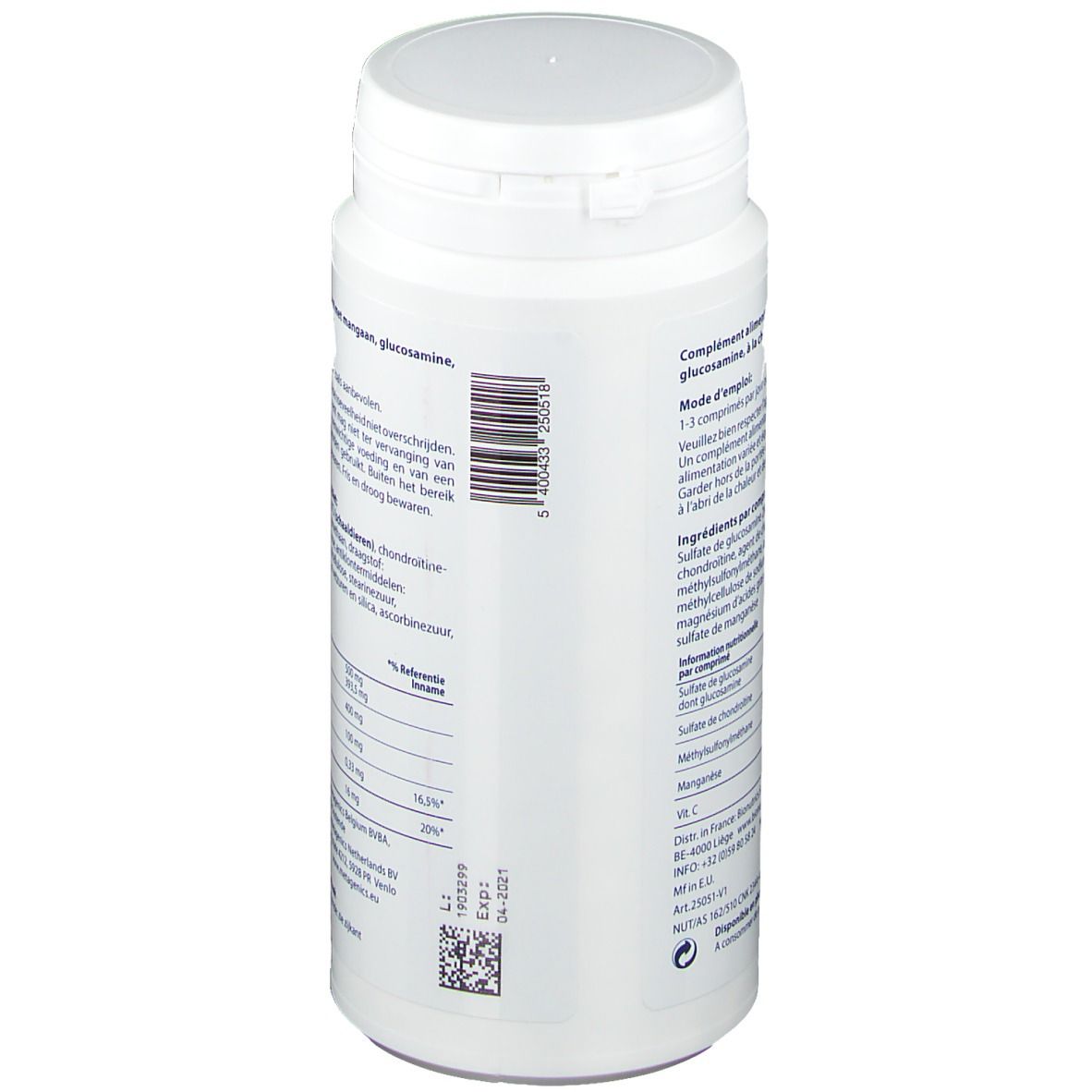 Flacon blanc Arthromax-3. Texte et code-barres au dos. Logo Metagenics.