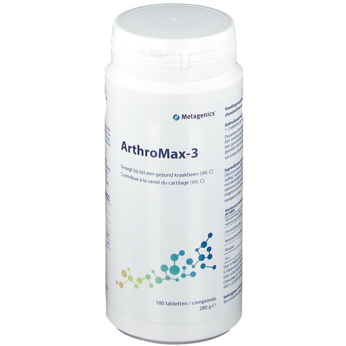 Flacon blanc Arthromax-3. Logo Metagenics. 180 comprimés. Contient de la vitamine C.