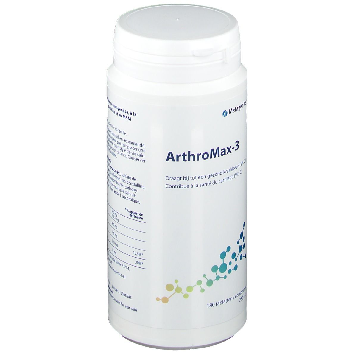 Flacon blanc Arthromax-3. Logo Metagenics. 180 comprimés. Contient de la vitamine C.
