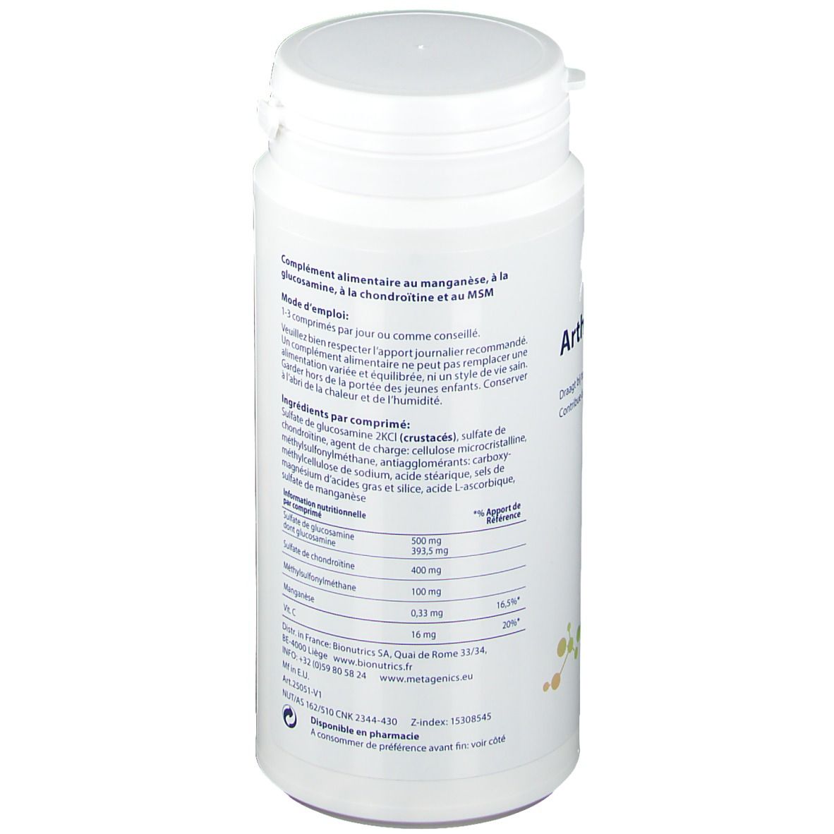 Flacon blanc Arthromax-3. Texte au dos. Logo Metagenics. 180 comprimés.
