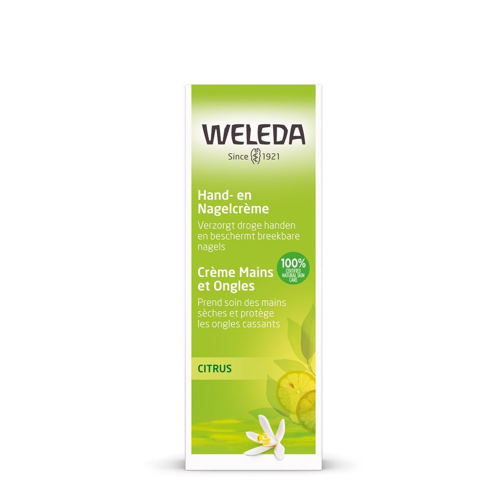 Boîte de crème pour les mains et les ongles verte. Inscription : Weleda, Crème Mains et Ongles, Citrus.