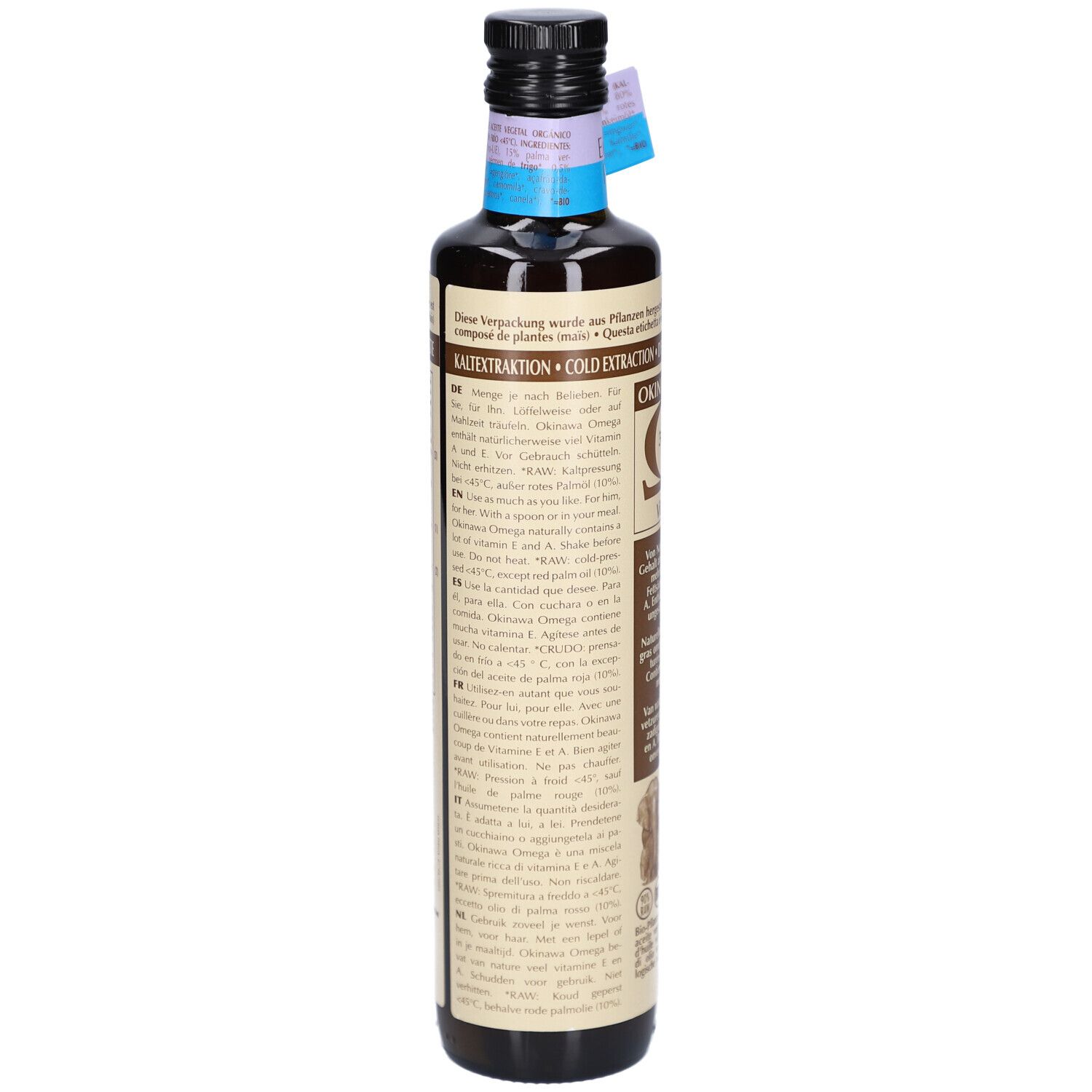 Braune Glasflasche mit Etikett. Text: Okinawa Omega. Kalt extrahiert. Marke: AMAN PRANA. Mit Zertifizierungen.