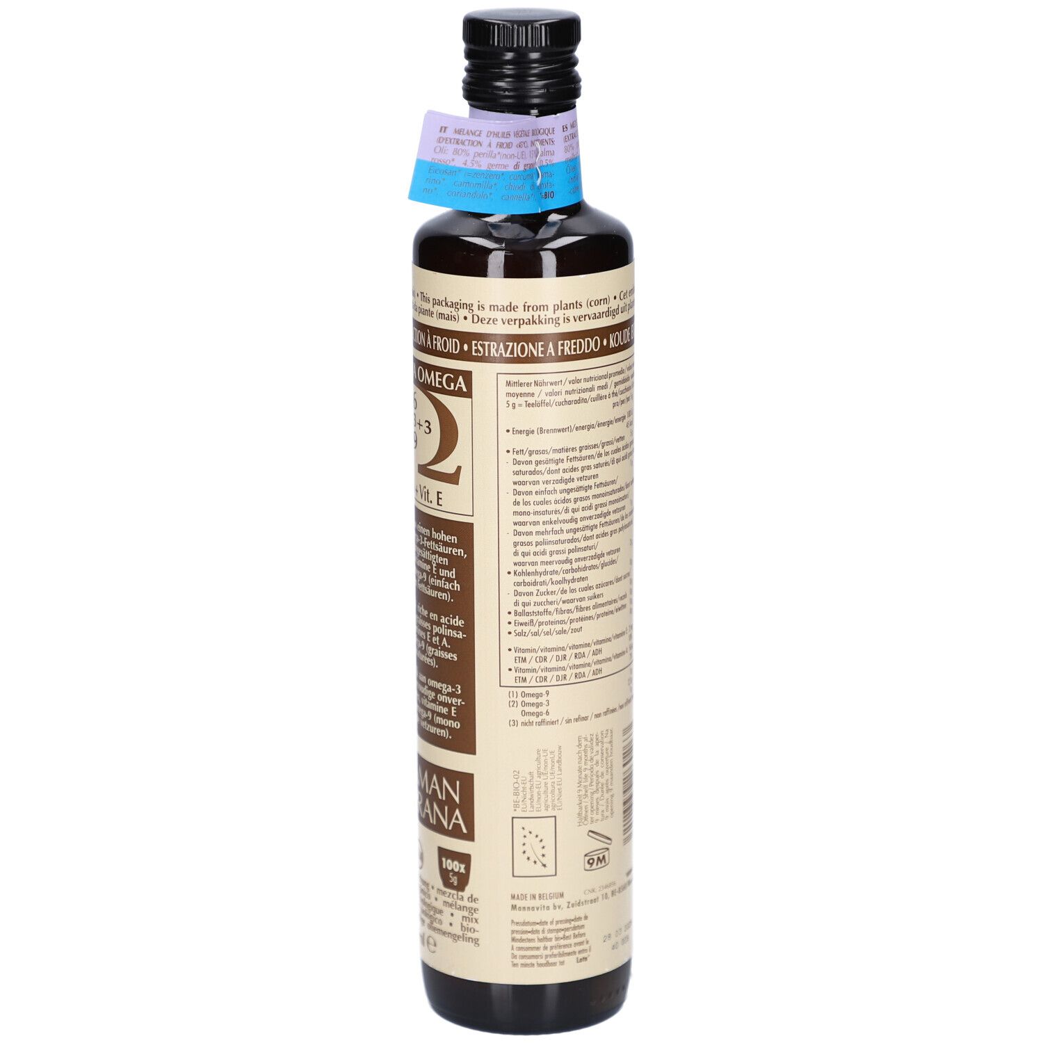 Braune Glasflasche mit Etikett. Aufschrift: Okinawa Omega 6, 3+3+3, 9. Marke: AMAN PRANA. Mit Zertifizierungen.