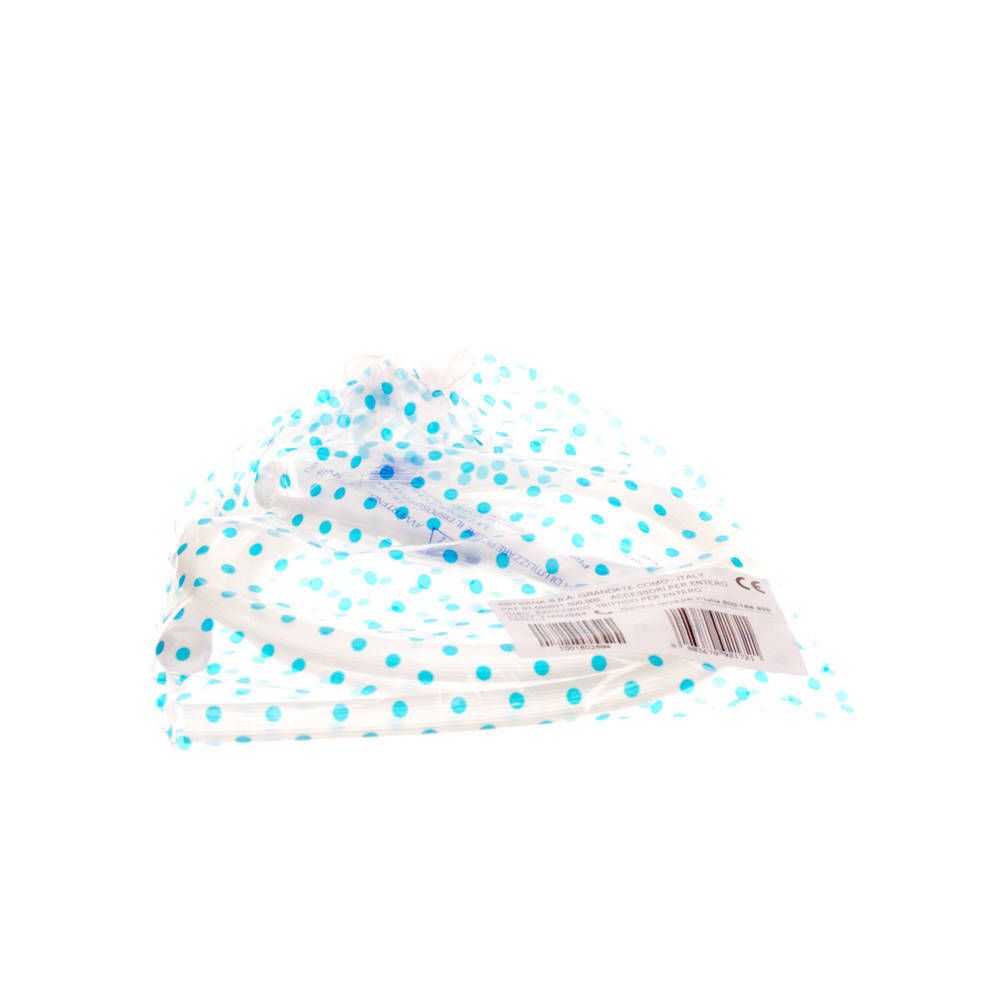 Sac transparent à pois bleus. Contient plusieurs produits cylindriques blancs. Code-barres et texte sur l'étiquette.