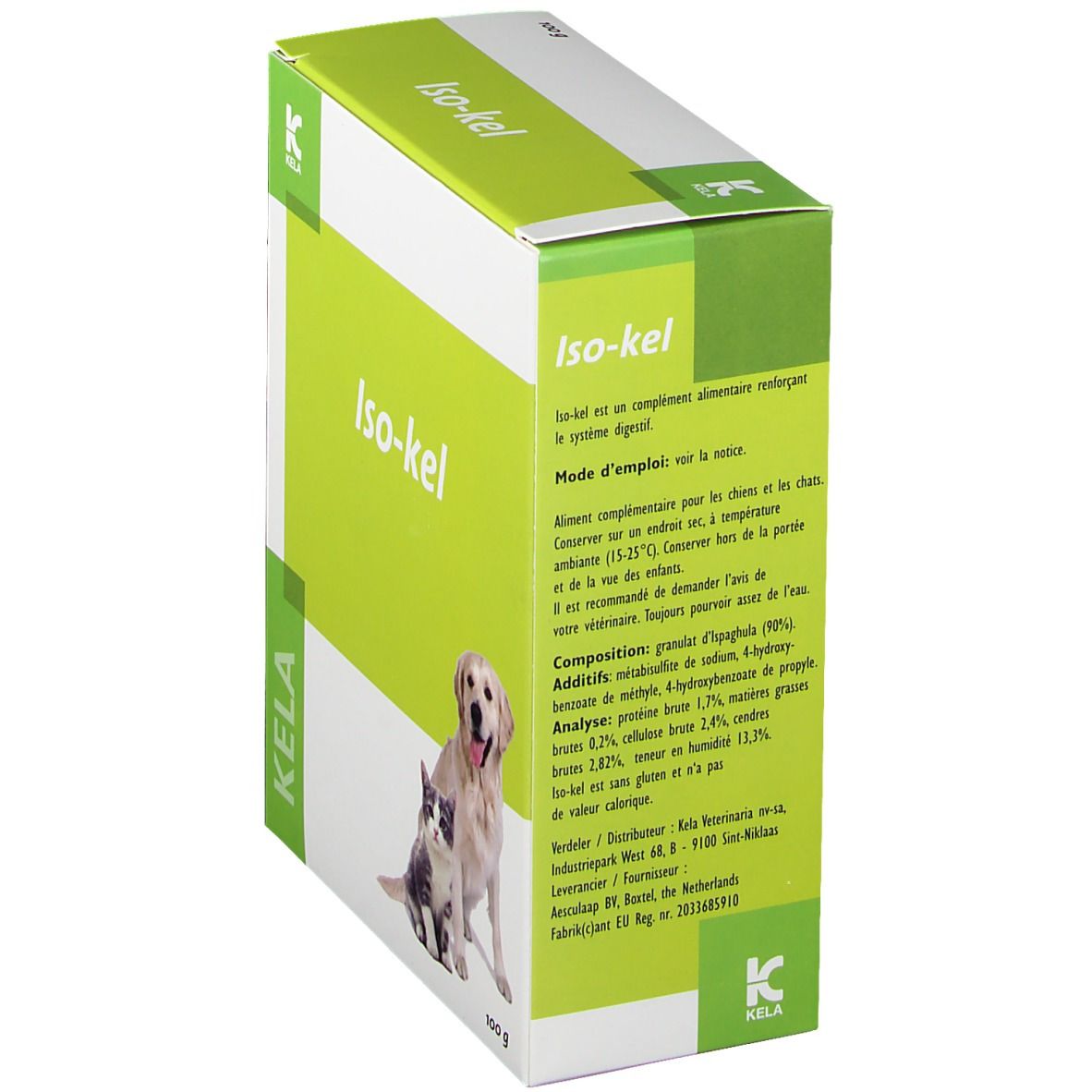Boîte Iso-kel. Emballage avec nom du produit, logo et image d'un chien et d'un chat. Texte en français. 100g.