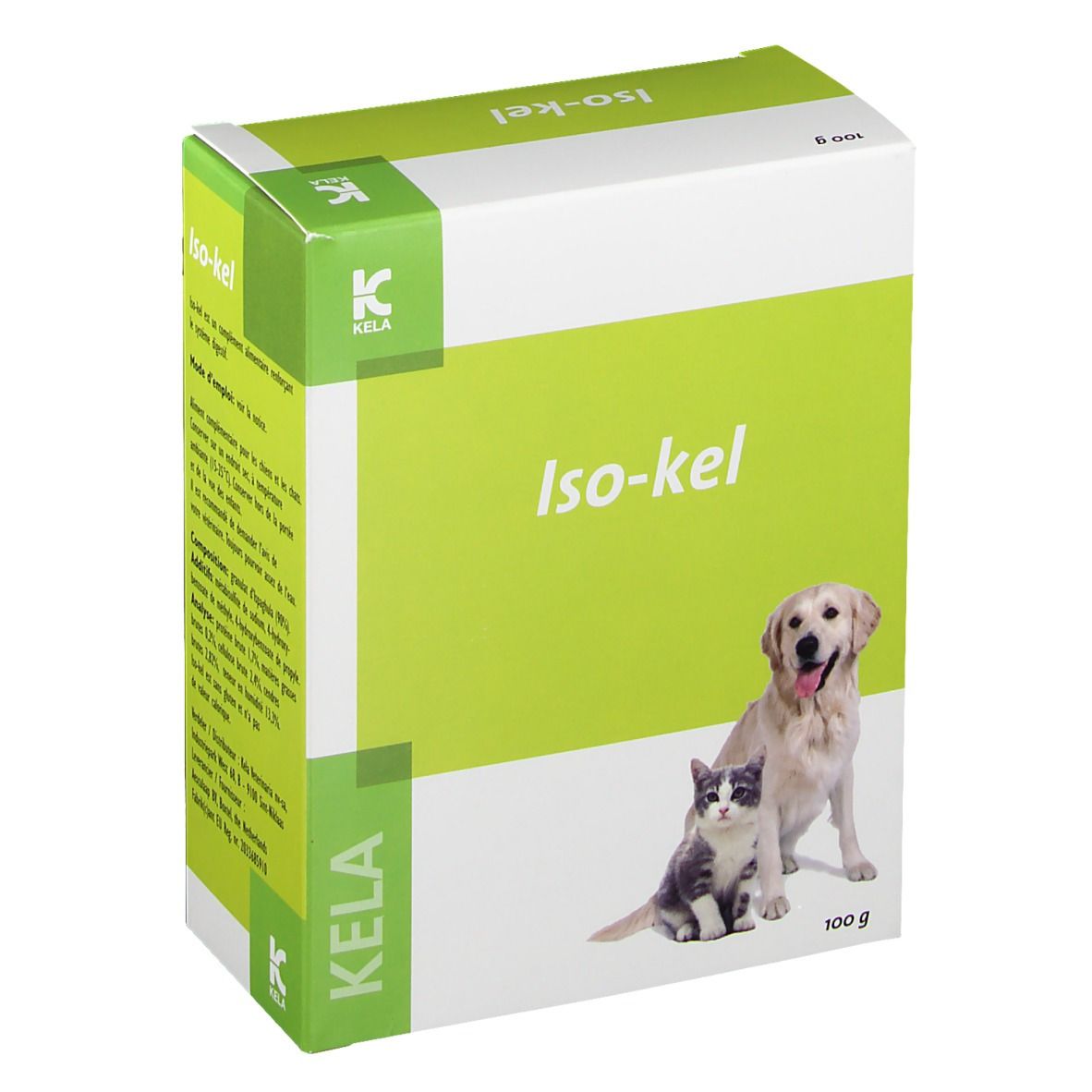 Boîte Iso-kel. Emballage vert et blanc avec nom du produit, logo et image d'un chien et d'un chat. 100g.
