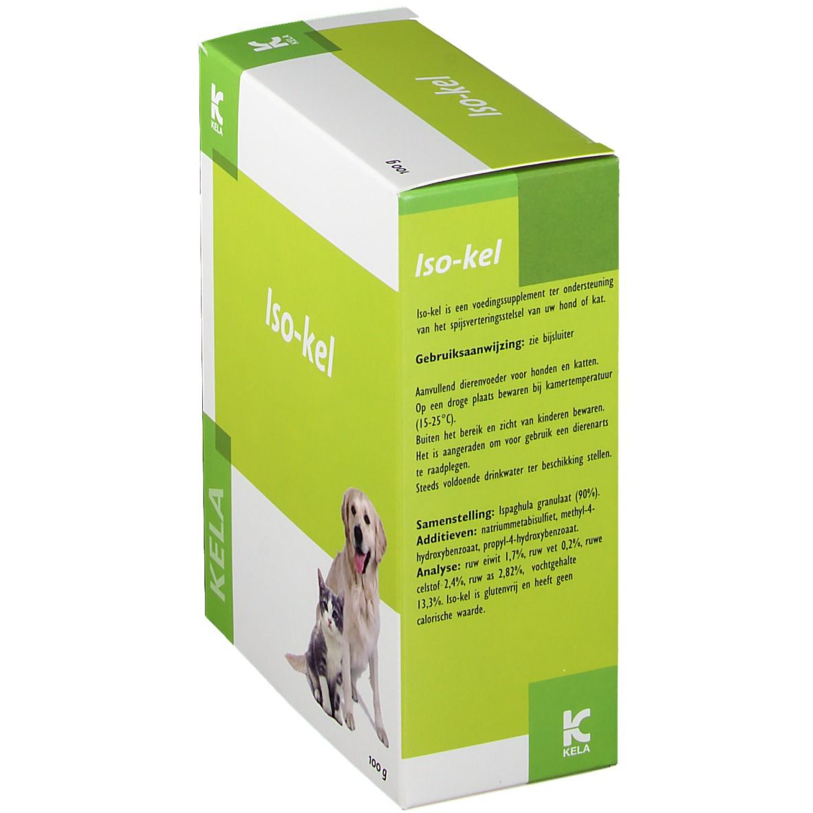 Boîte Iso-kel. Emballage avec nom du produit, logo et image d'un chien et d'un chat. Texte en néerlandais. 100g.