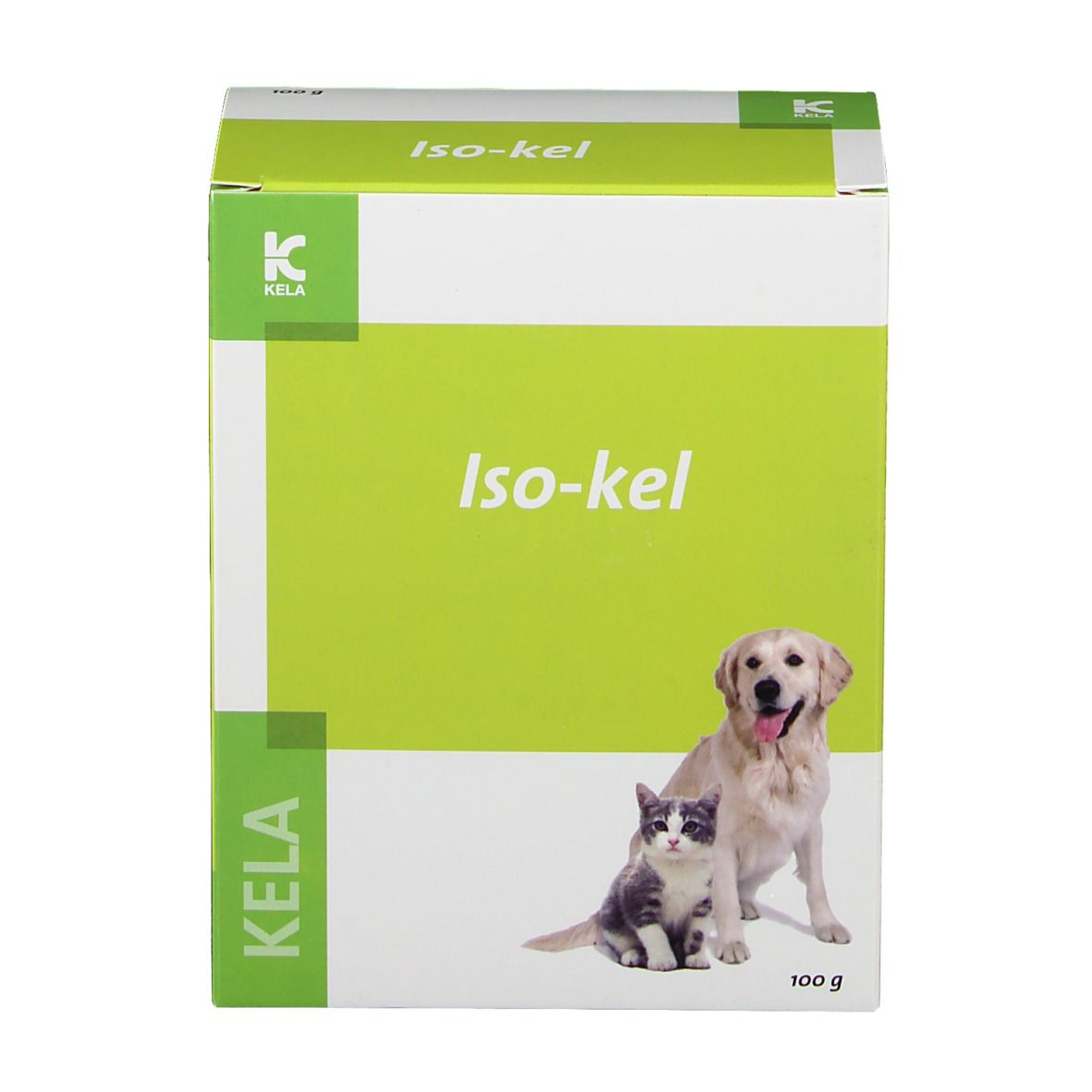 Boîte Iso-kel. Emballage vert et blanc avec nom du produit, logo et image d'un chien et d'un chat. 100g.