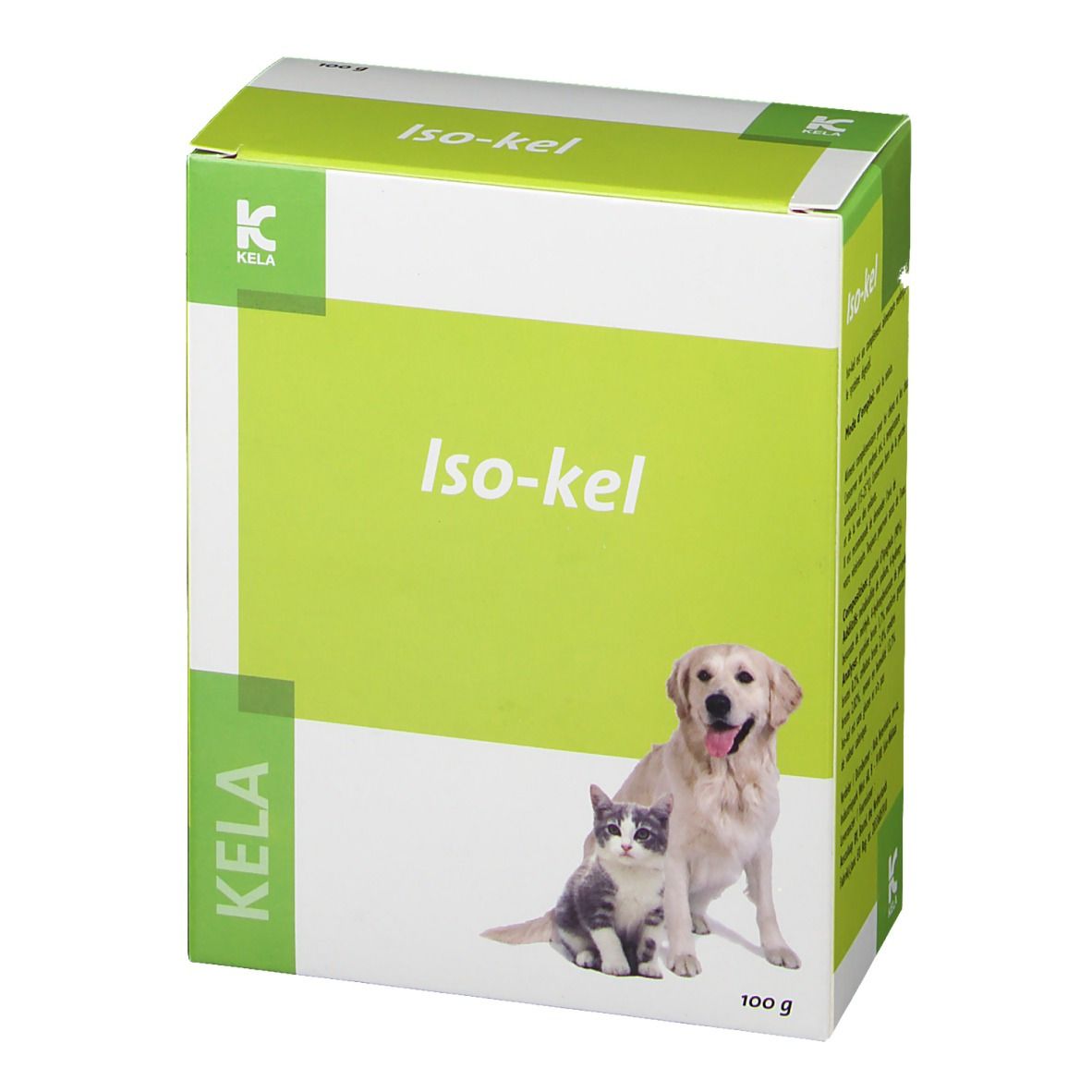 Boîte Iso-kel. Emballage vert et blanc avec nom du produit, logo et image d'un chien et d'un chat. 100g.