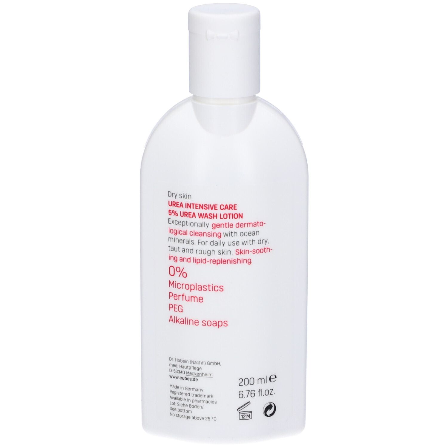 Achterkant witte EUBOS fles. Ingrediënten, fabrikant en info. 200 ml.