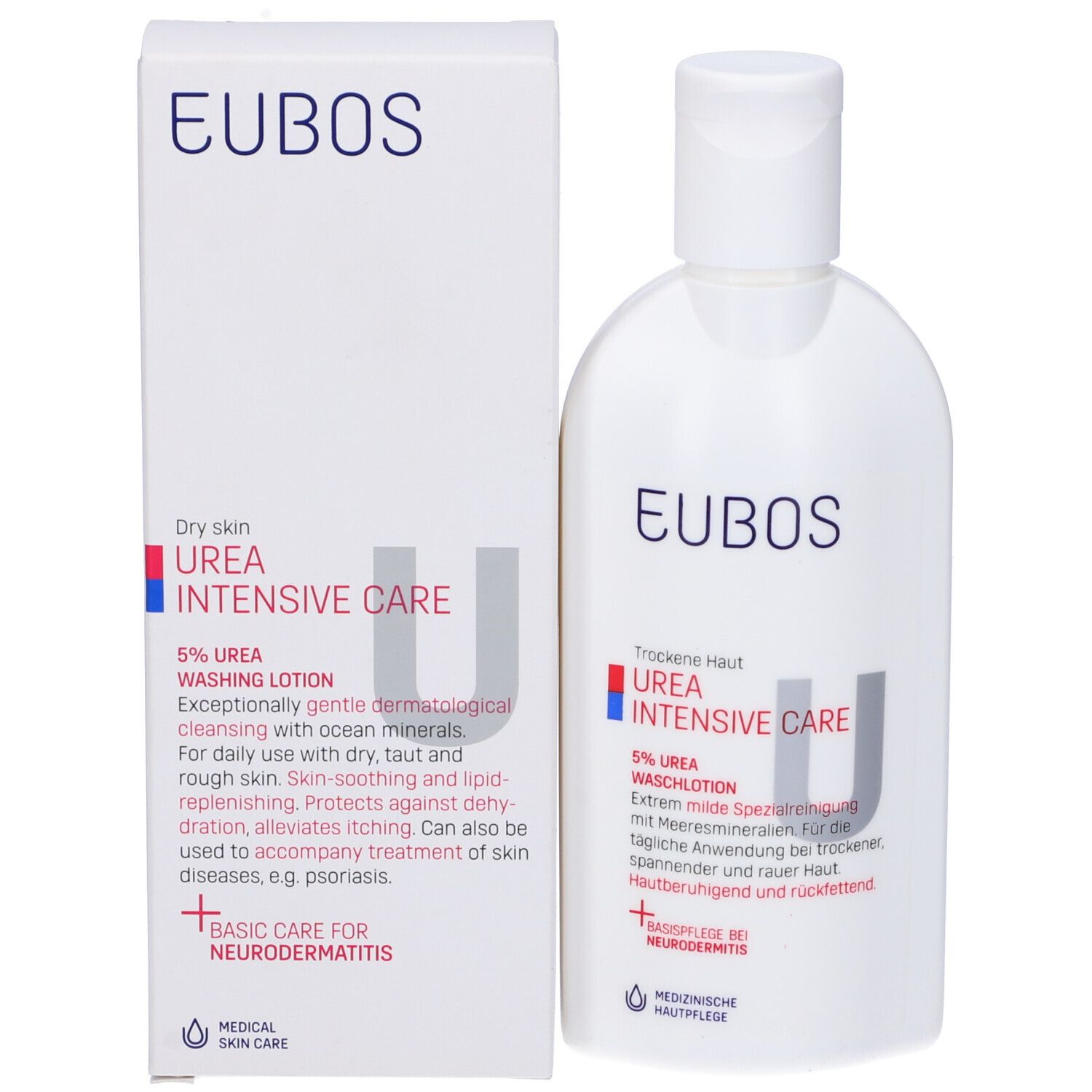EUBOS 5% Urea Waslotion en verpakking. Productnaam en beschrijving.