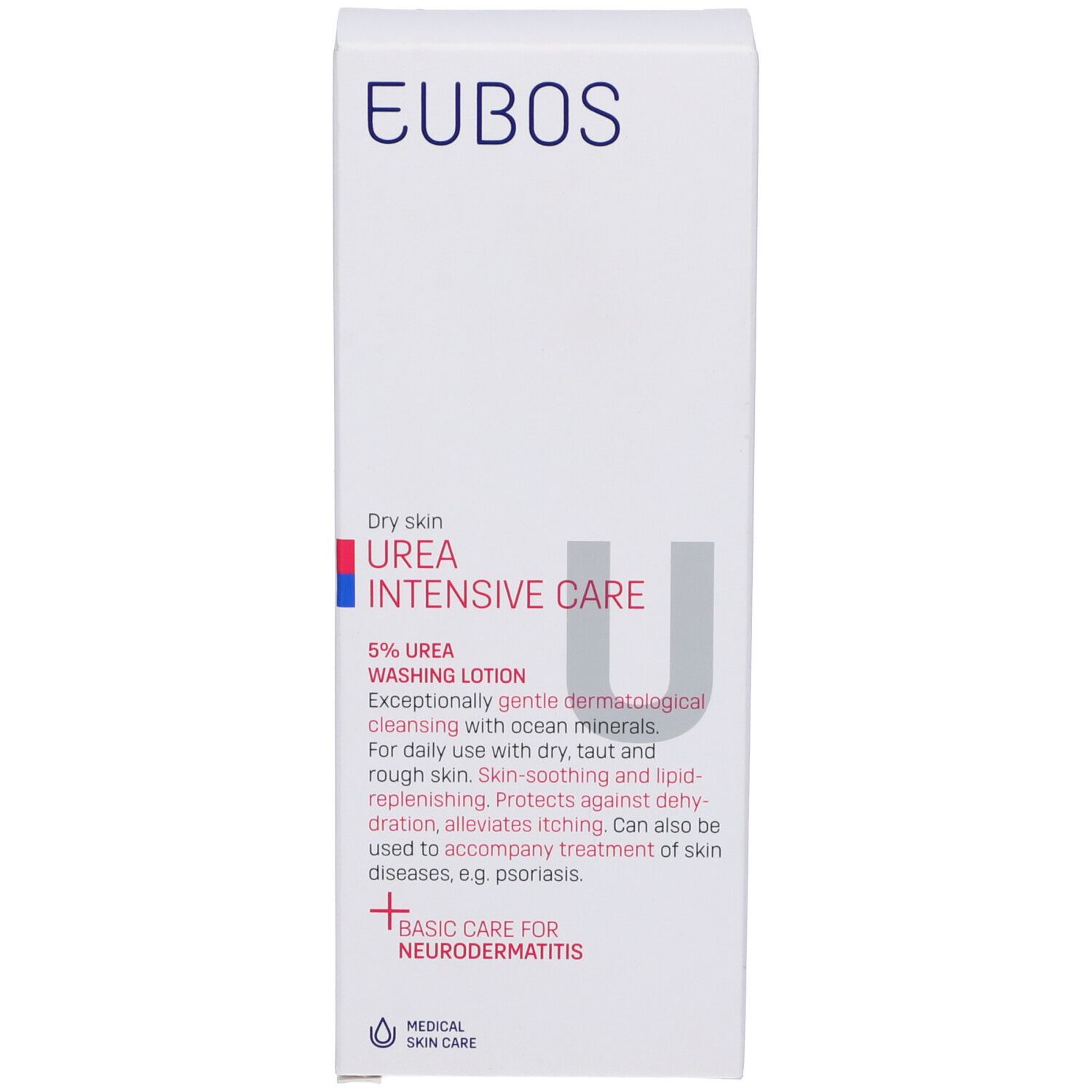 Witte EUBOS verpakking. 5% Urea Waslotion. Productbeschrijving.