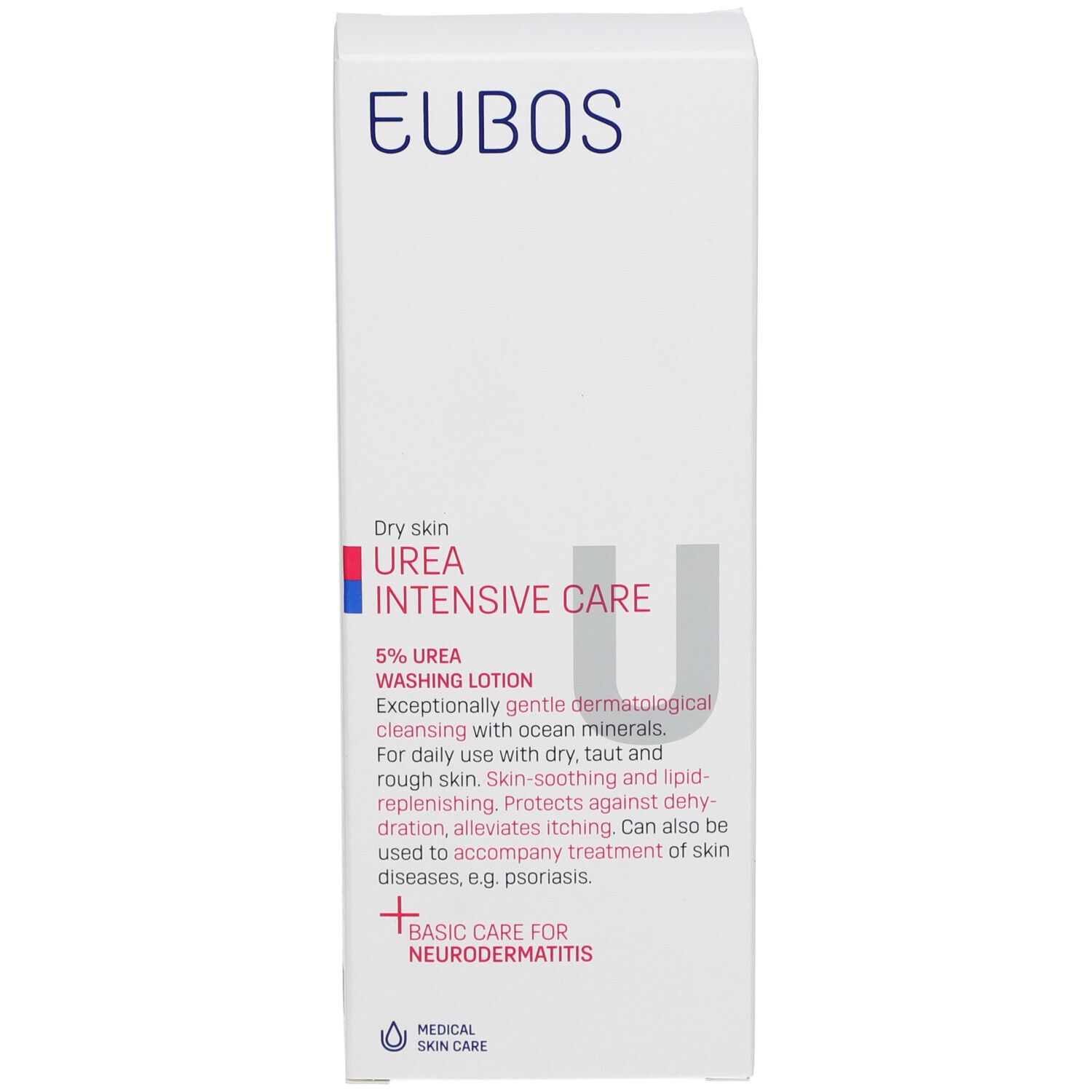 EUBOS verpakking. Productnaam en beschrijving. 5% Urea Waslotion.