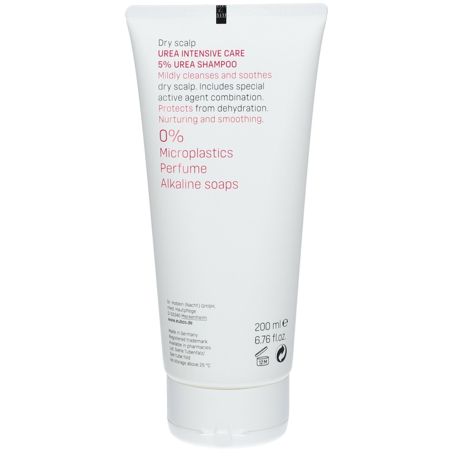 Dos d'un tube blanc. Texte : Cuir chevelu sec, Shampooing Urée, 0% microplastiques, parfum, savons alcalins. 200 ml.