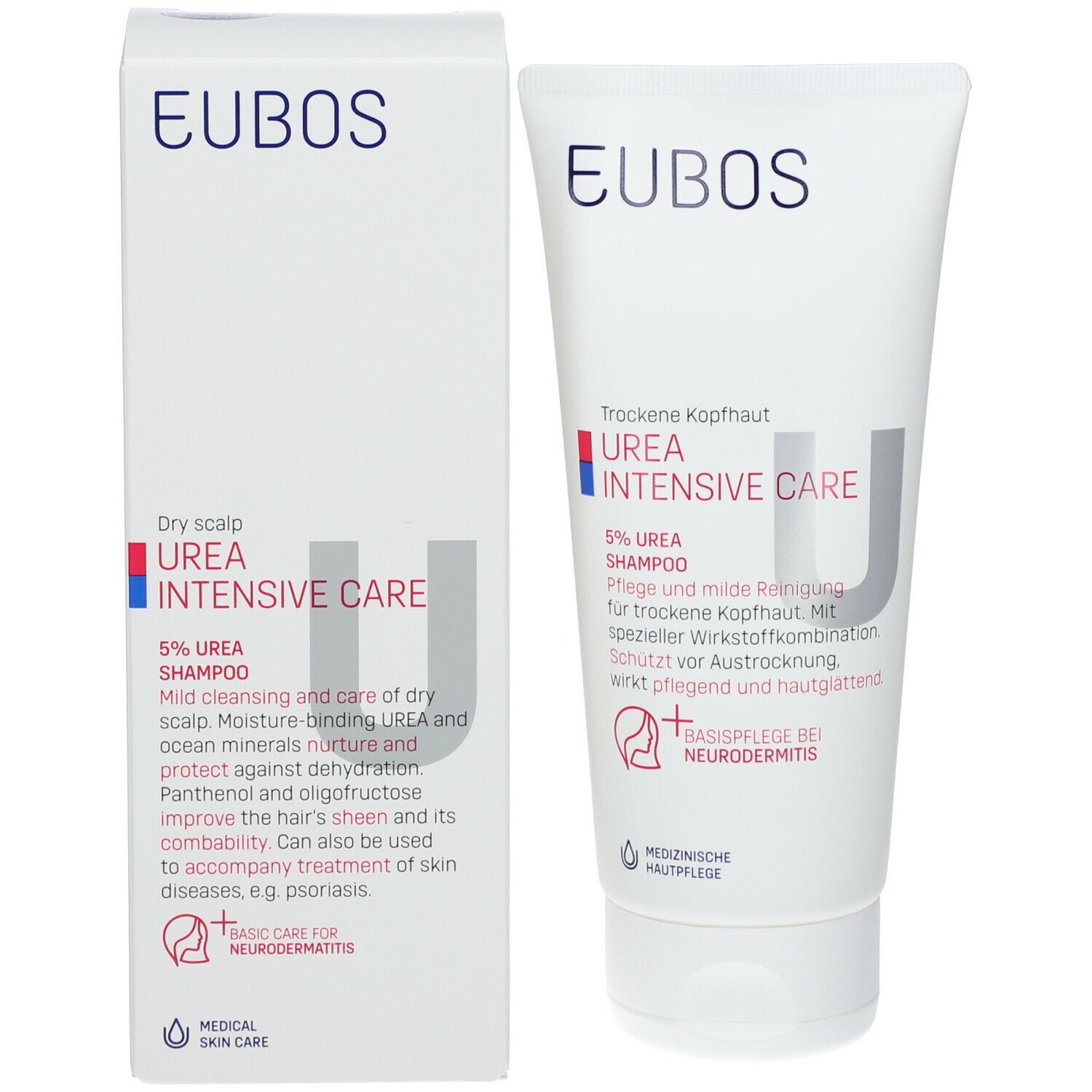 Emballage du produit avec tube et boîte. Tube : blanc, écriture bleue. Boîte : blanc, écriture bleue. Texte : Shampooing Urée, Soin Intensif.