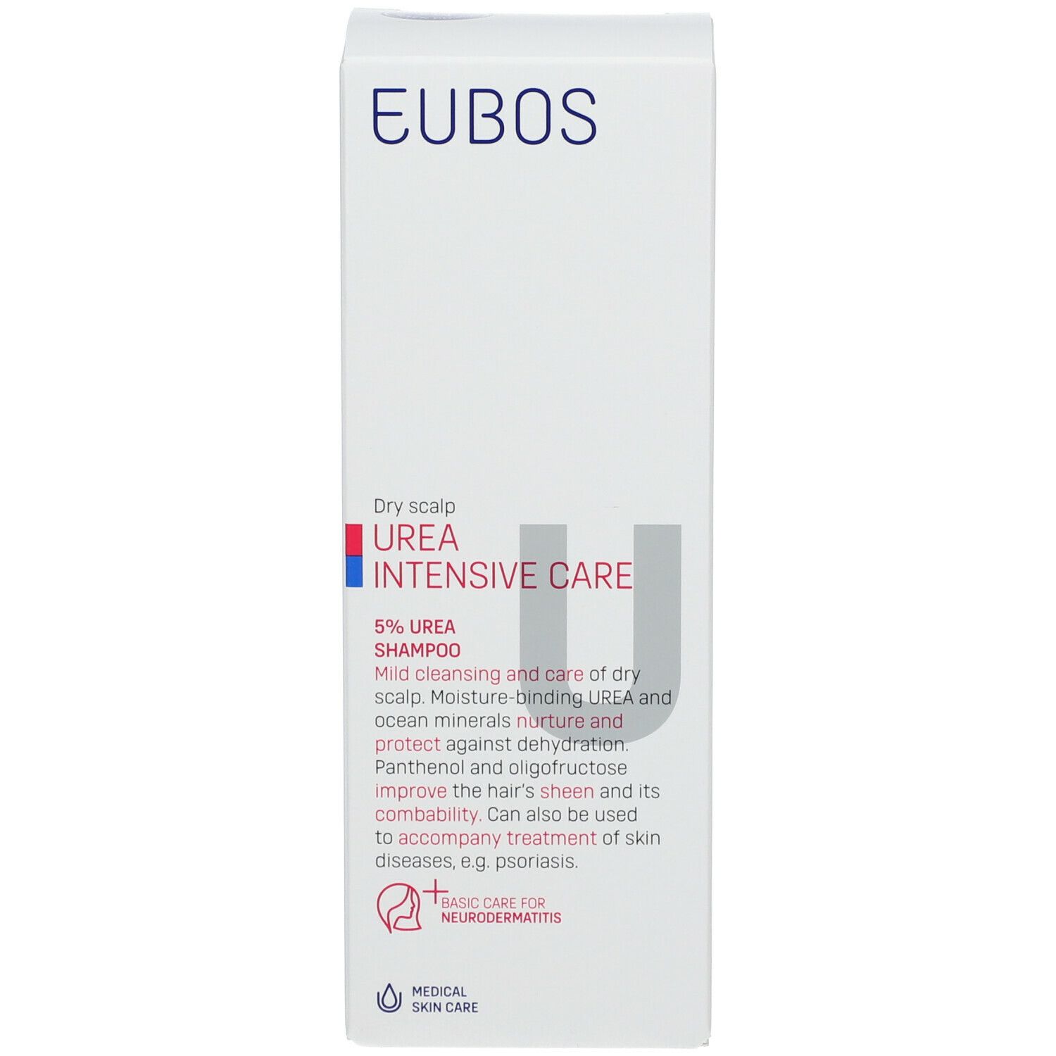 Emballage blanc du produit. Texte : Cuir chevelu sec, Shampooing Urée, Soin Intensif. Soin médical de la peau. Soin de base pour la dermatite atopique.