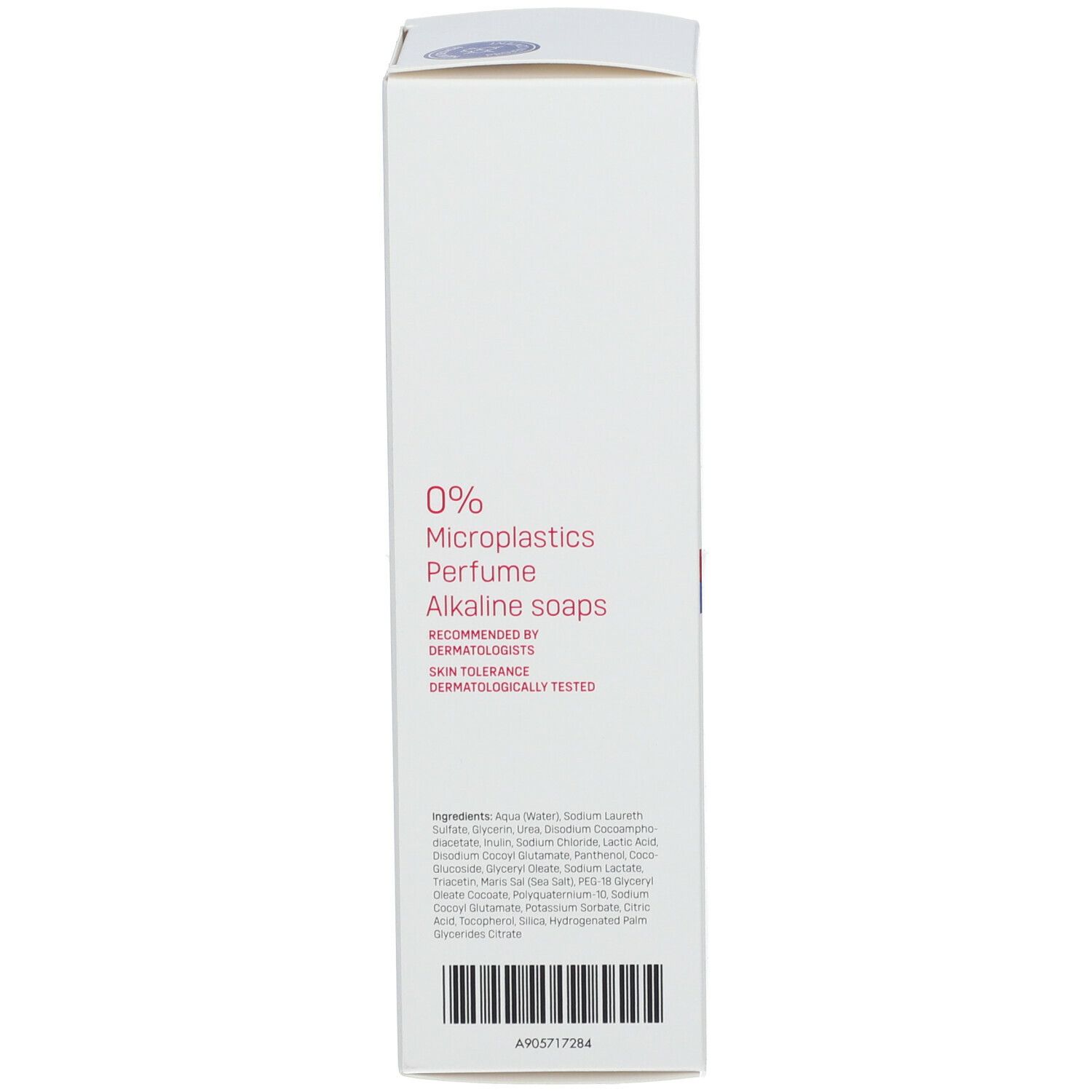 Dos de l'emballage du produit. Texte : 0% microplastiques, parfum, savons alcalins. Testé dermatologiquement. Ingrédients.
