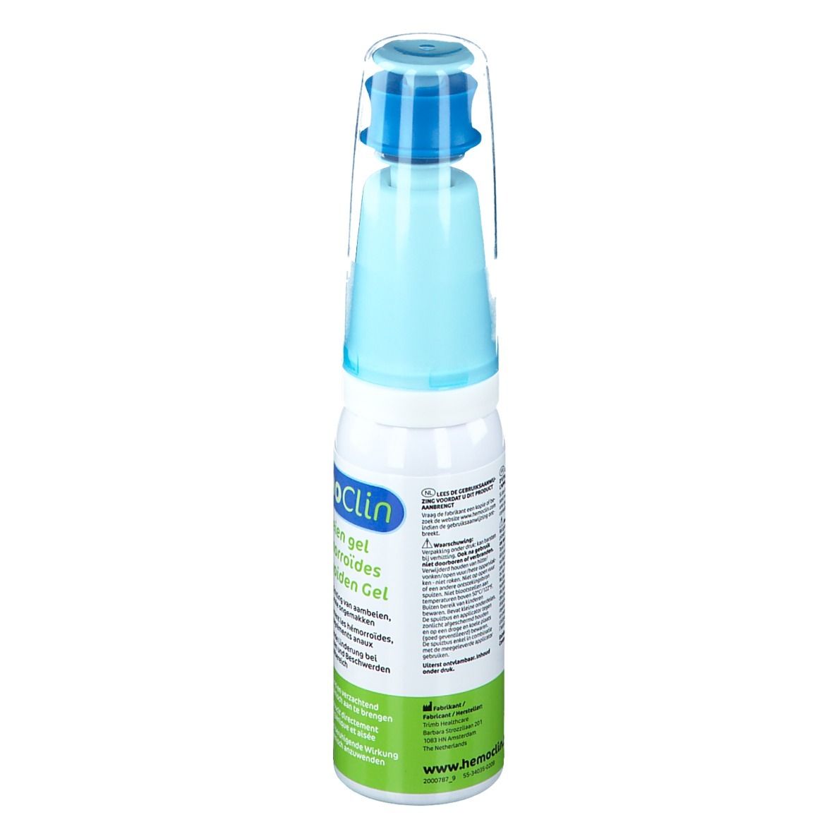 Flacon cylindrique avec applicateur bleu. Inscription: HemoClin Gel. Étiquette verte et blanche avec texte.