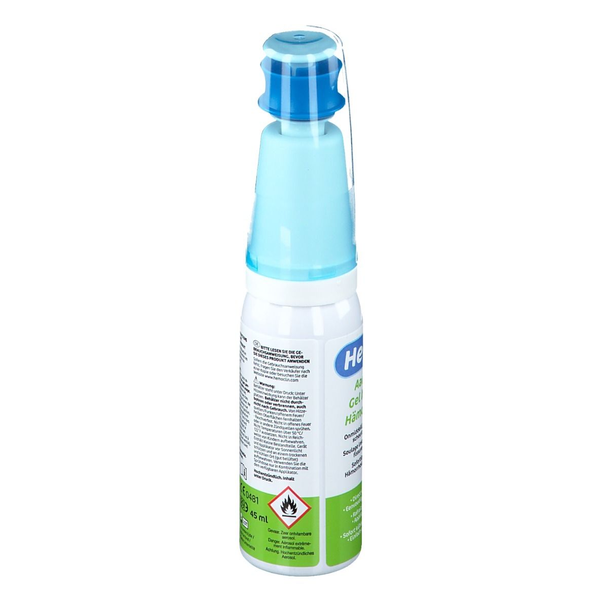 Flacon cylindrique avec applicateur bleu. Inscription: HemoClin Gel. Étiquette verte et blanche avec texte et symbole de flamme.