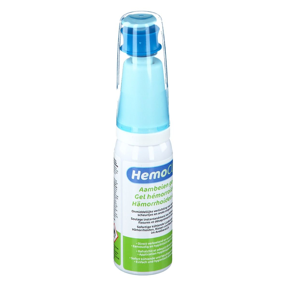 Flacon cylindrique avec applicateur bleu. Inscription: HemoClin Gel. Étiquette verte et blanche avec texte.