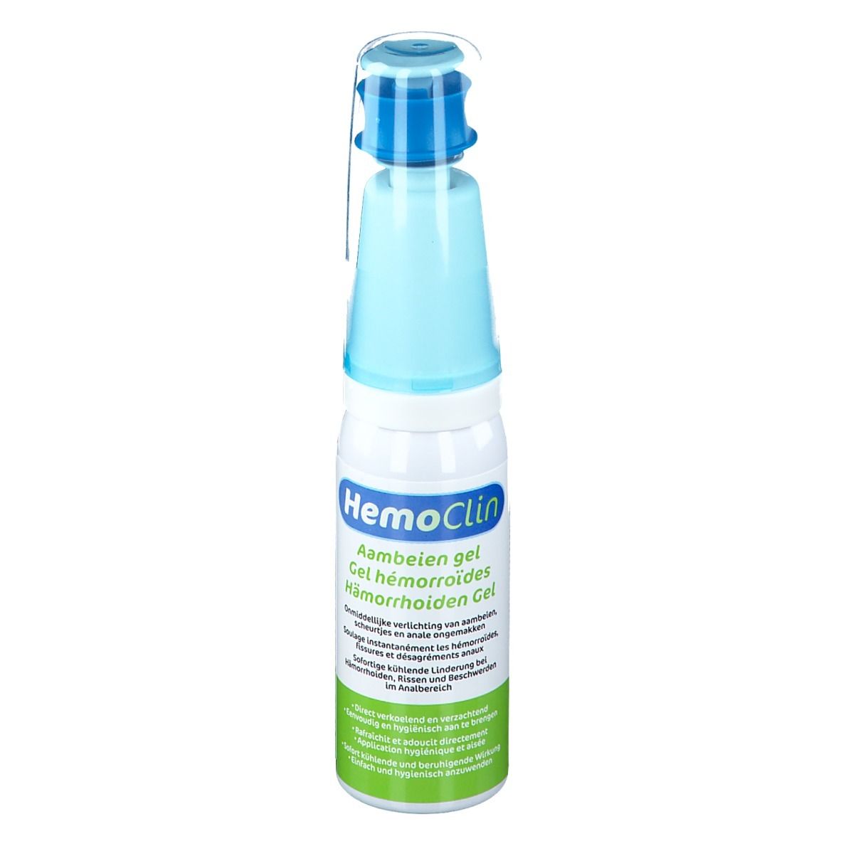 Flacon cylindrique avec applicateur bleu. Inscription: HemoClin Gel. Étiquette verte et blanche avec texte.