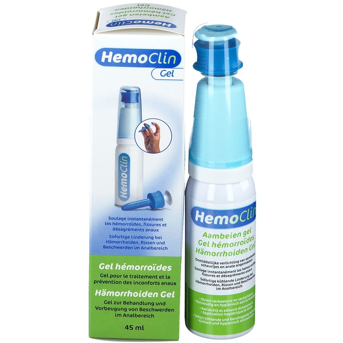 Emballage du produit avec flacon et boîte. Inscription: HemoClin Gel. Flacon avec applicateur bleu.