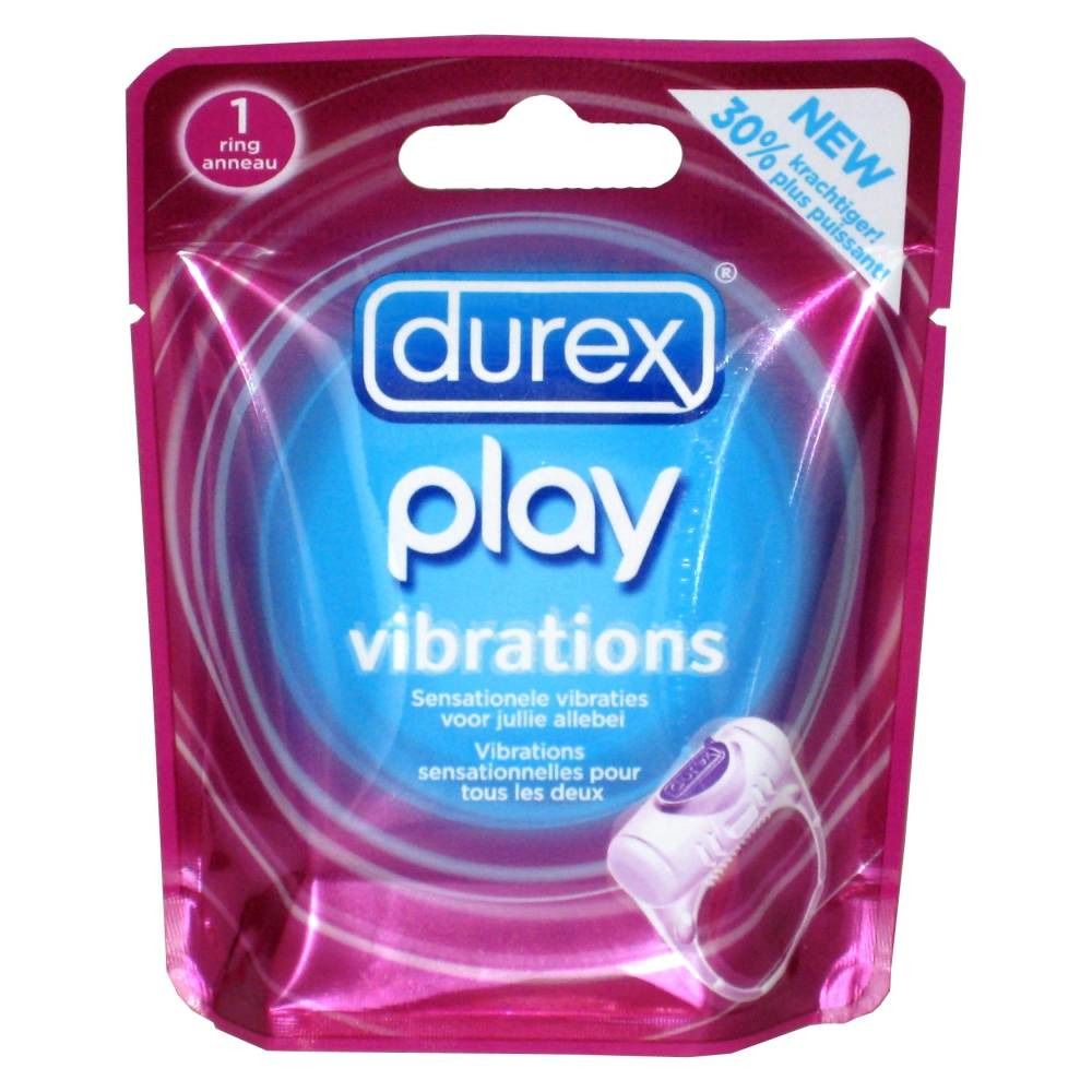 Emballage rose avec un vibromasseur. Marque: Durex Play Vibrations. Texte: Vibrations, nouveau, 30% plus puissant. Un anneau vibrant est visible.