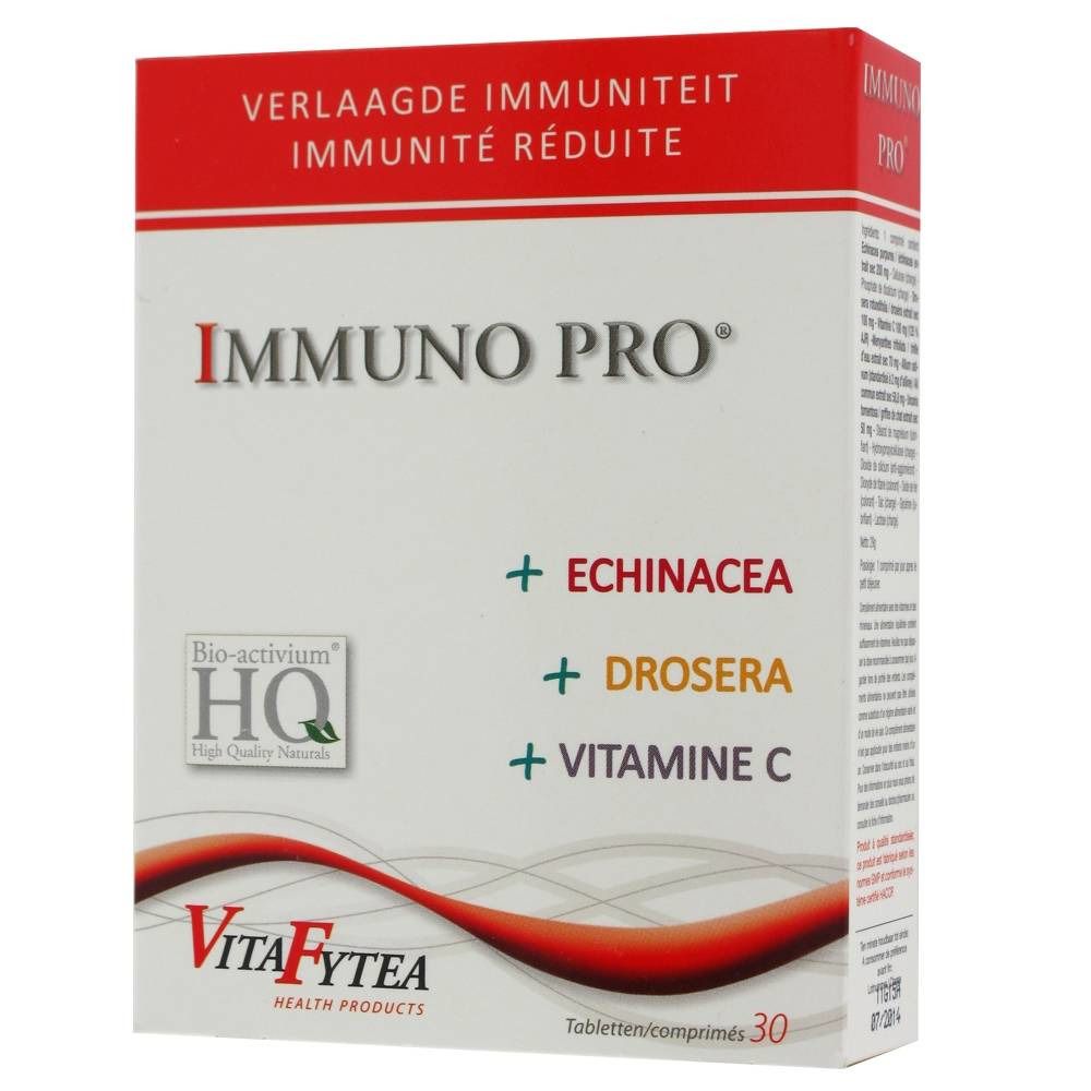 Boîte de Immuno Pro. Inscription: Verlaagde Immuniteit, Immunité Réduite. Contient Echinacea, Drosera et Vitamine C. Marque: VitaFytea.