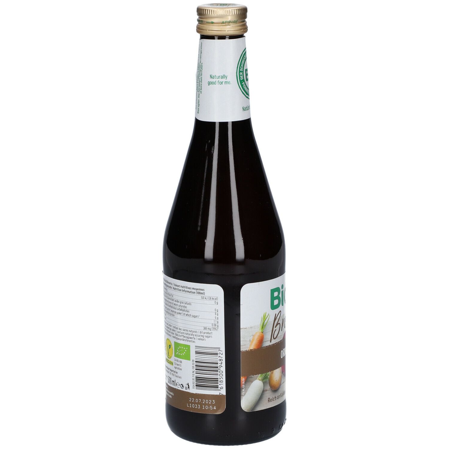 Dos d'une bouteille en verre brun. Étiquette avec texte et informations nutritionnelles. Label bio. Bouchon doré.