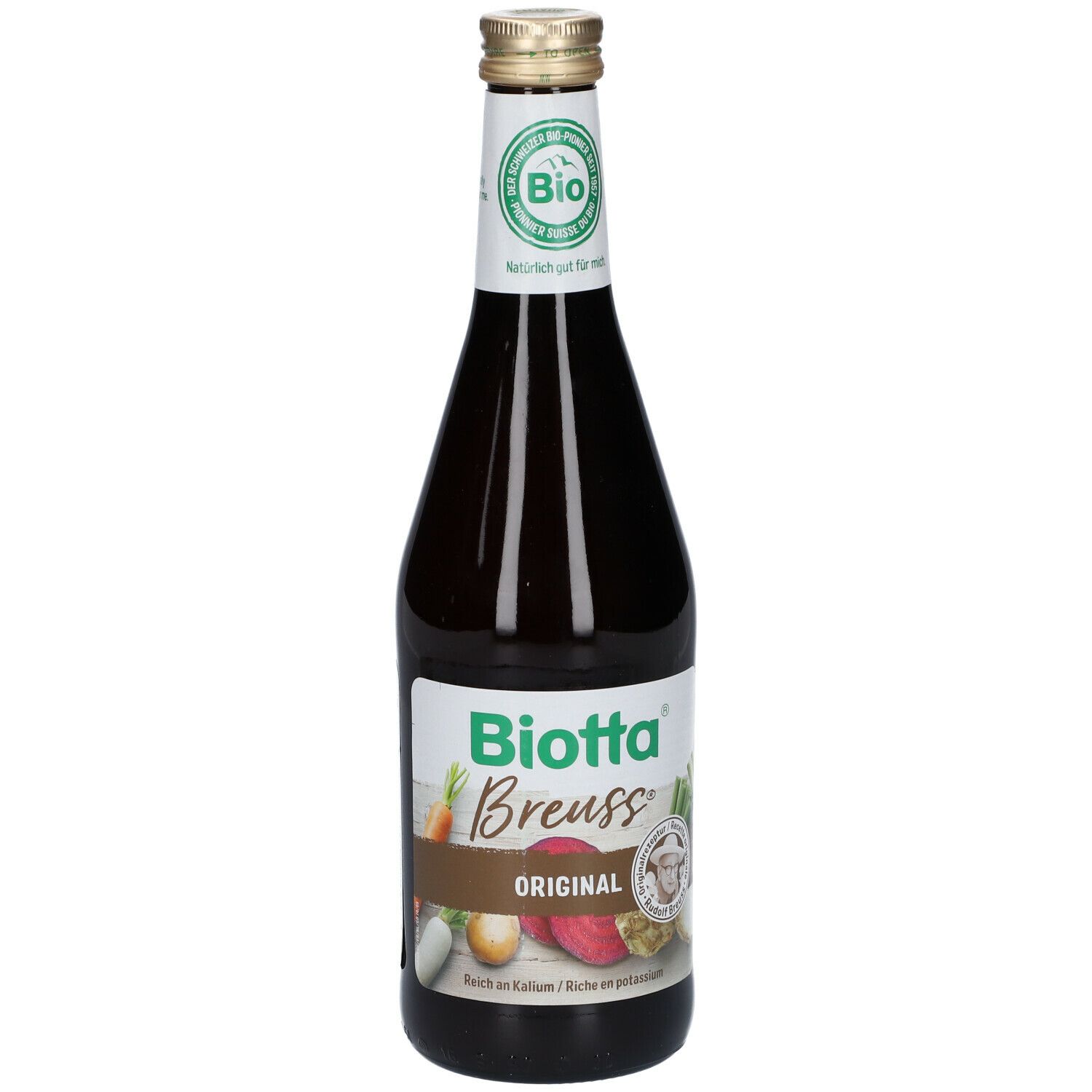 Bouteille en verre brun avec étiquette verte. Inscription: Biotta Breuss Original. Label bio. Bouchon doré.