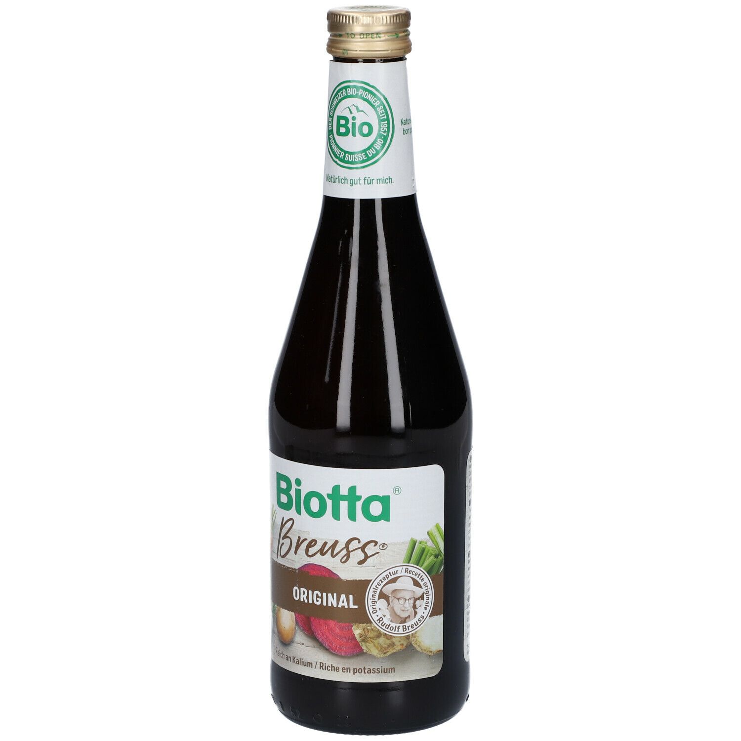 Bouteille en verre brun avec étiquette verte. Inscription: Biotta Breuss Original. Label bio. Bouchon doré.