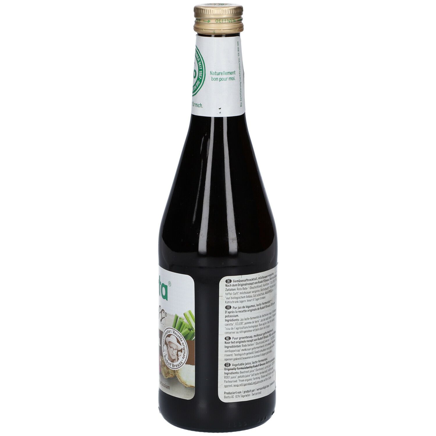 Dos d'une bouteille en verre brun. Étiquette avec texte et label bio. Bouchon doré.
