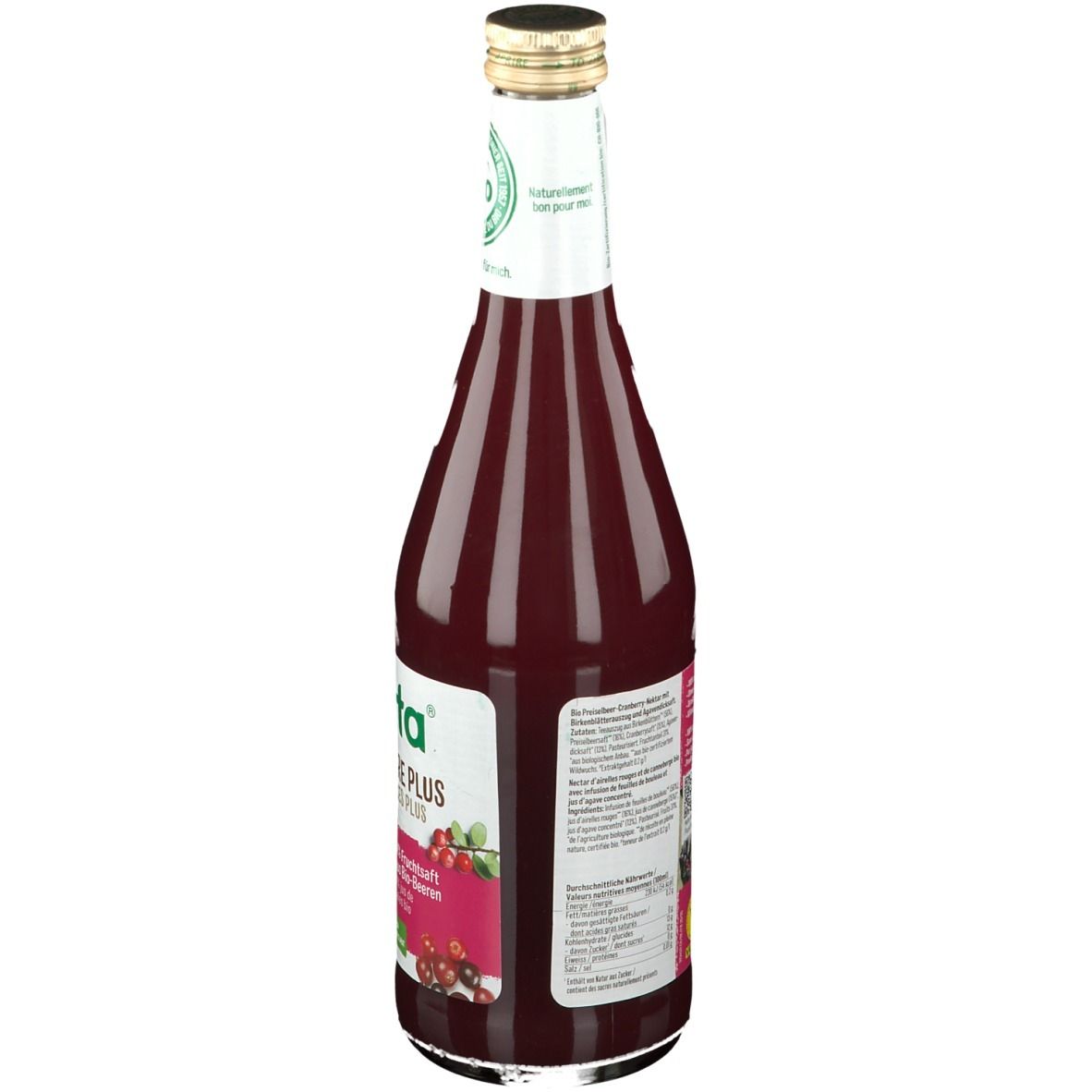 Dos d'une bouteille en verre de jus rouge. Étiquette avec texte et informations nutritionnelles. Bouchon doré.