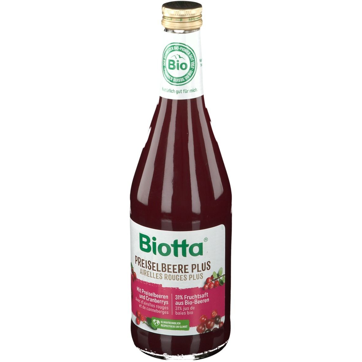 Bouteille en verre de jus rouge. Étiquette "Biotta Preiselbeere Plus". Label bio. Bouchon doré.