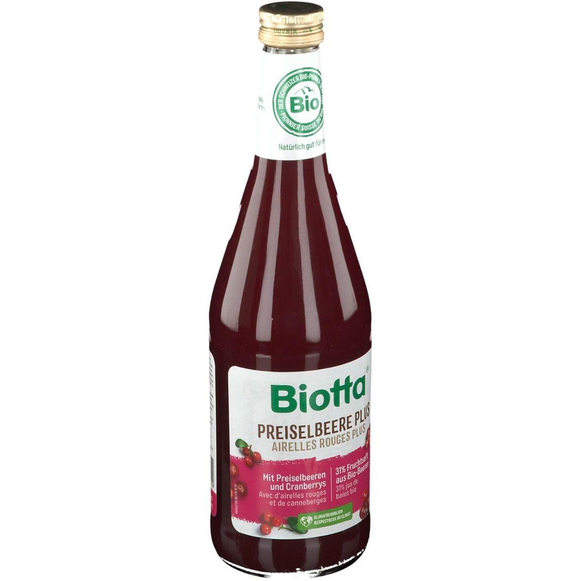 Bouteille en verre de jus rouge. Étiquette "Biotta Preiselbeere Plus". Label bio. Bouchon doré.