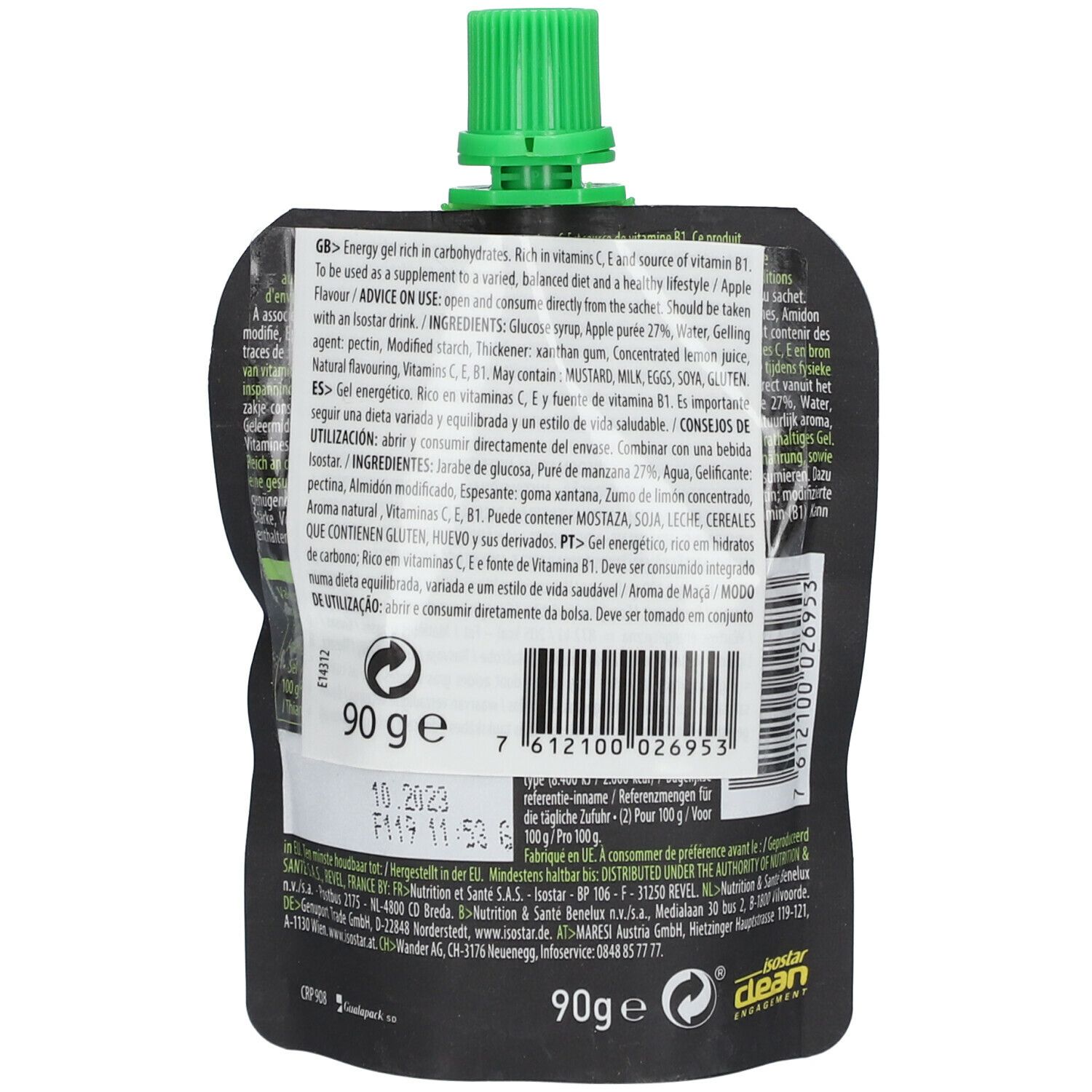 Achterkant van het Isostar Actifood Apfel zakje. Bevat informatie over ingrediënten en voedingswaarde. Gewicht: 90g.