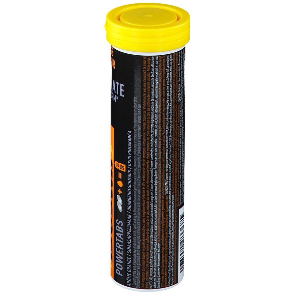 Isostar Powertabs Orange, zylindrische Verpackung. Gelber Deckel, schwarzer Hintergrund mit Text. Aufschrift: Orange, Hydrate & Perform, Powertabs. Rückseite mit Text.