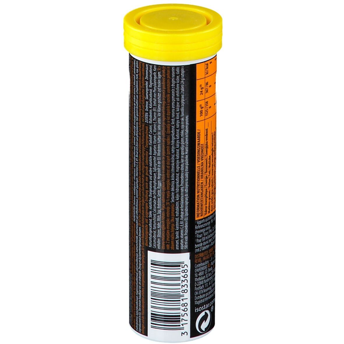 Isostar Powertabs Orange, zylindrische Verpackung. Gelber Deckel, schwarzer Hintergrund mit Text. Barcode und Recycling-Symbol. Rückseite mit Text.