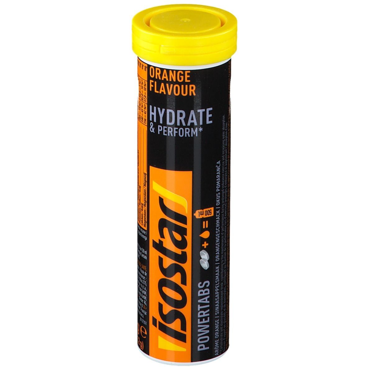 Isostar Powertabs Orange, Tabletten in zylindrischer Verpackung. Gelber Deckel, schwarzer und orangefarbener Hintergrund. Aufschrift: Orange Flavour, Hydrate & Perform.