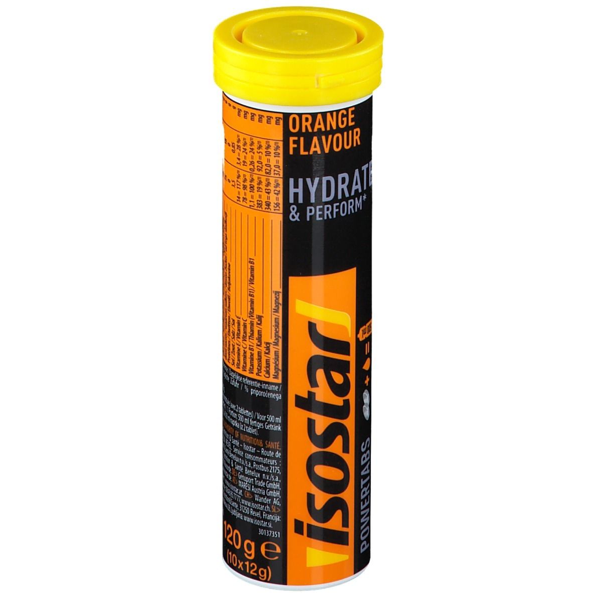 Isostar Powertabs Orange, zylindrische Verpackung. Gelber Deckel, schwarzer und orangefarbener Hintergrund. Aufschrift: Orange Flavour, Hydrate & Perform, 120g (10x12g).
