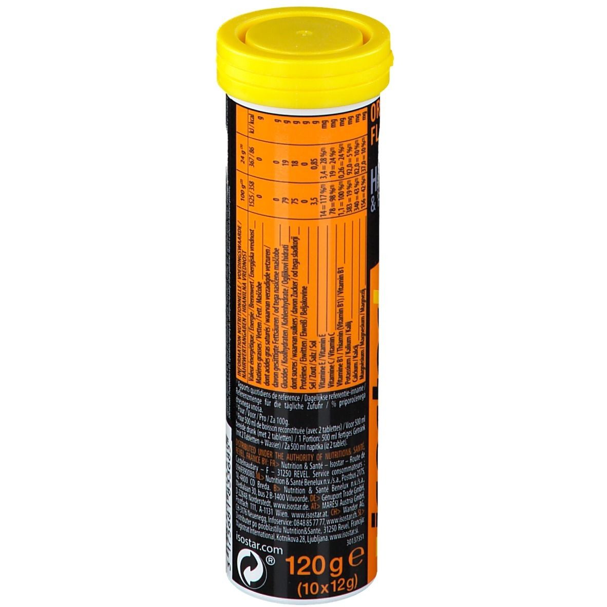 Isostar Powertabs Orange, zylindrische Verpackung. Gelber Deckel, schwarzer und orangefarbener Hintergrund. Aufschrift: Orange Flavour, Hydrate & Perform, 120g (10x12g).