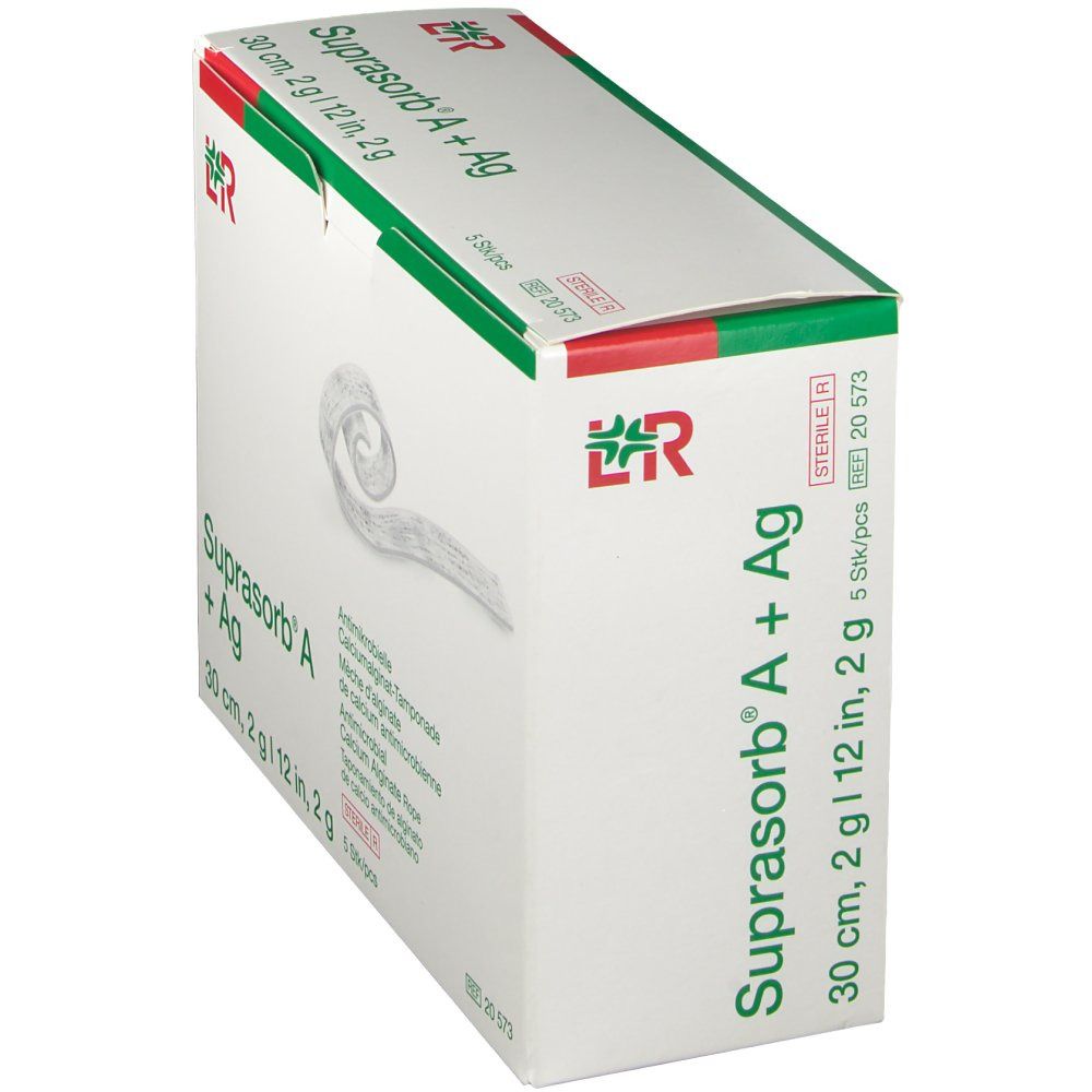 Boîte de Suprasorb A+Ag Mèche en biais. Contient 5 pièces. Tampon antimicrobien d'alginate de calcium. 30 cm, 2 g/12 po, 2 g.