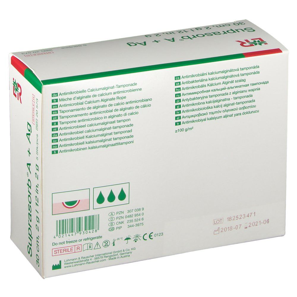 Dos de la boîte de Suprasorb A+Ag Mèche. Contient des informations et des symboles. 30 cm, 2 g/12 po, 2 g.