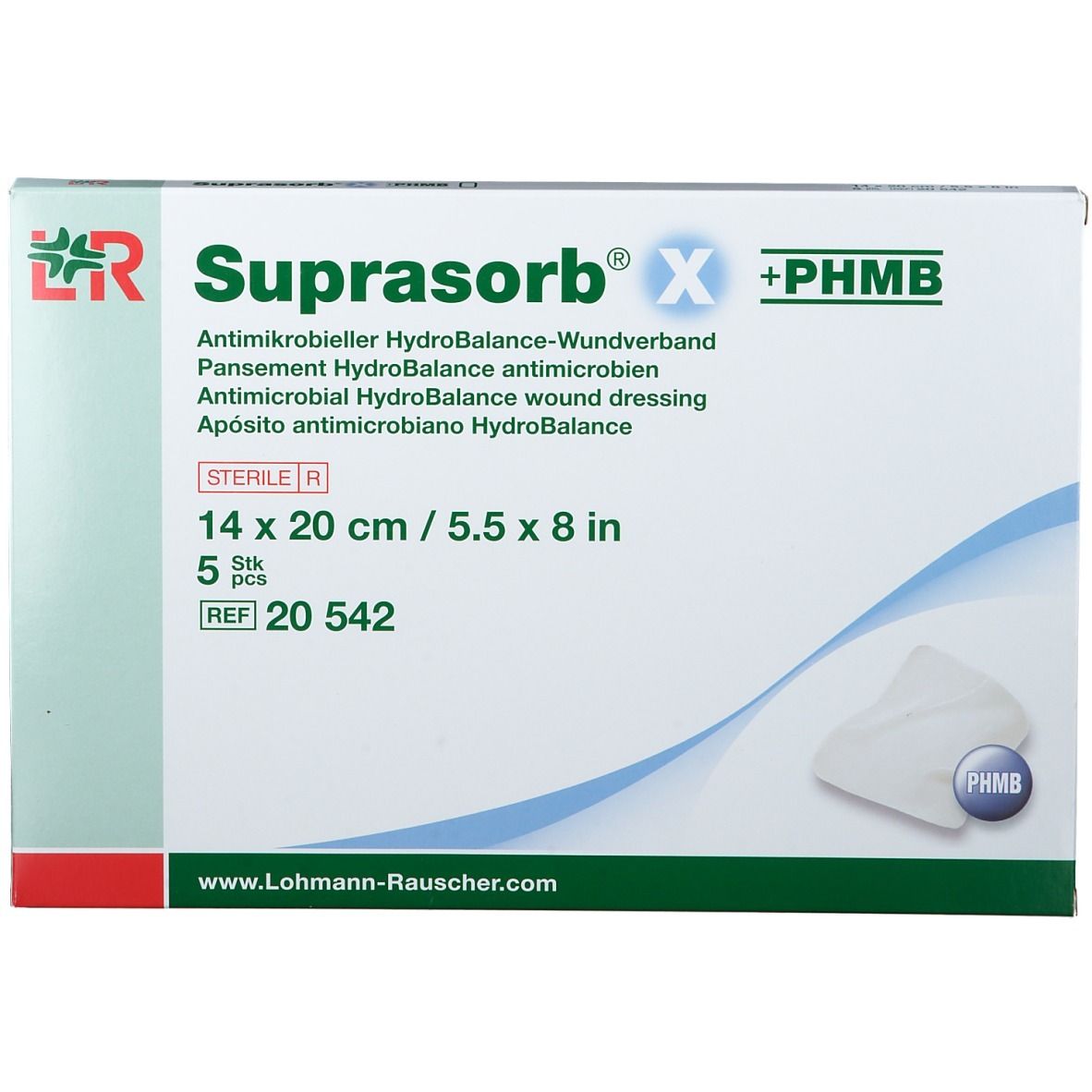 Emballage Suprasorb® X, 14 x 20 cm, stérile. Pansement HydroBalance antimicrobien. 5 pièces. Logo et texte visibles.