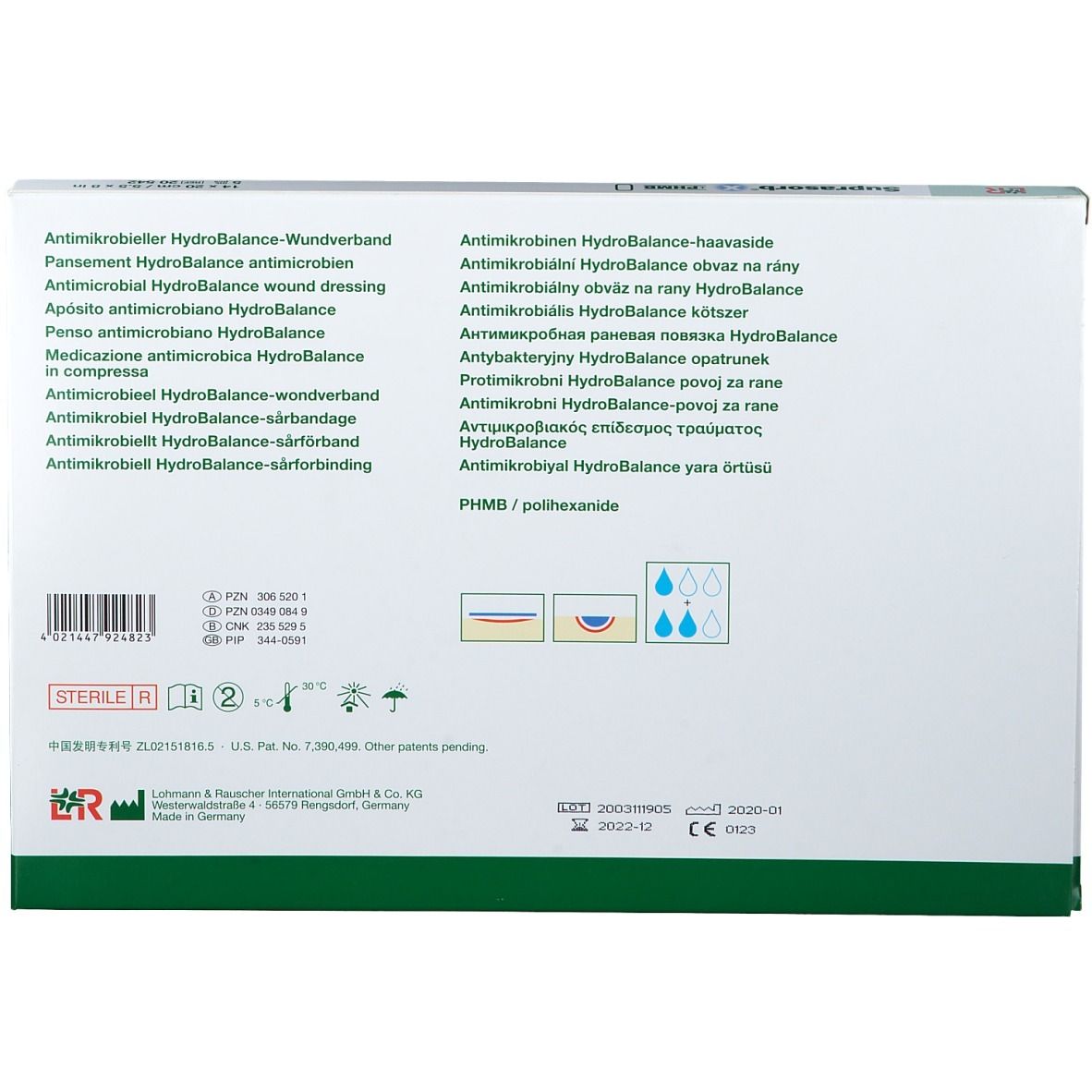 Dos de l'emballage Suprasorb® X. Texte multilingue. Logos et symboles. Indication stérile.