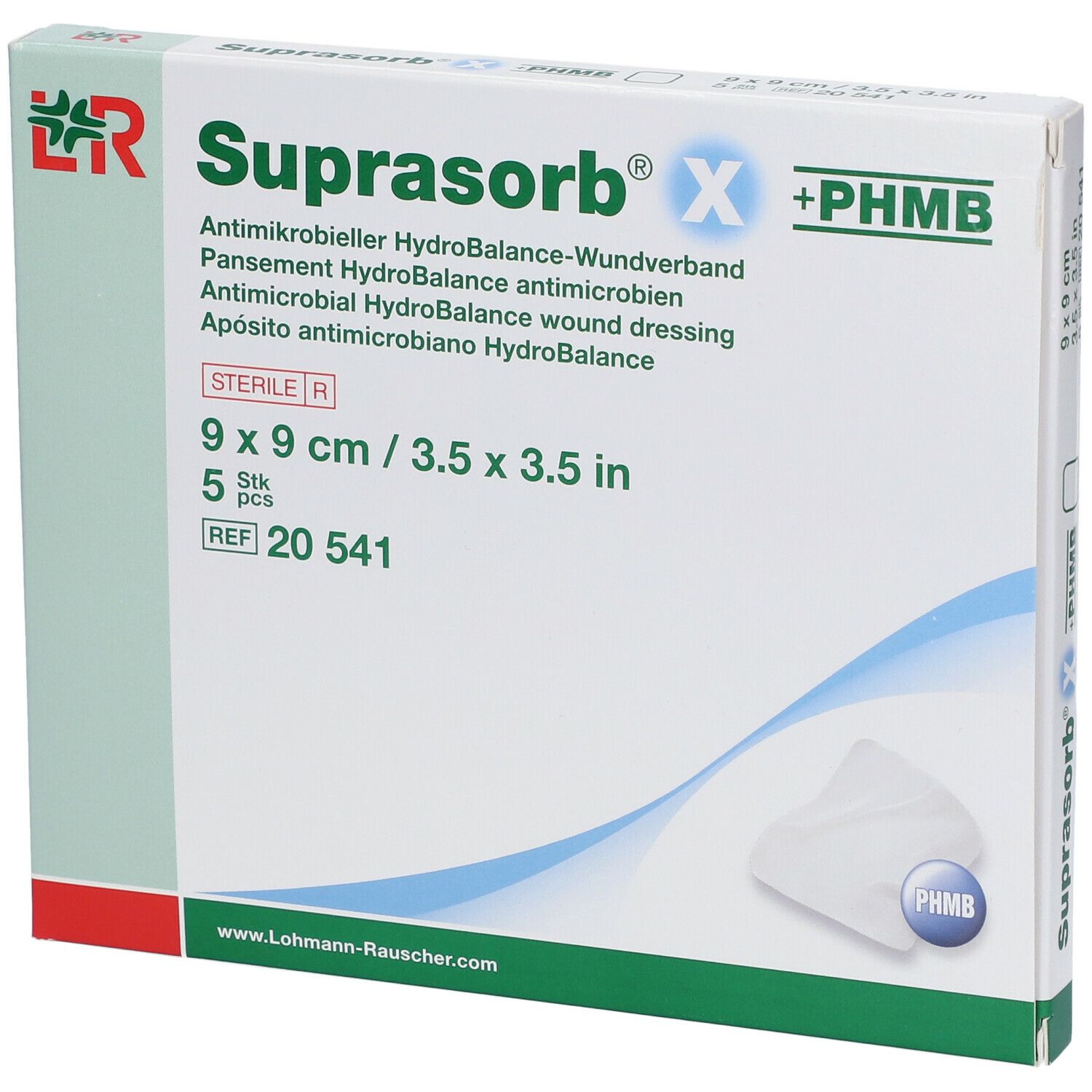 Boîte de Suprasorb X +PHMB, 9x9cm, 5 pièces. Pansement HydroBalance antimicrobien.
